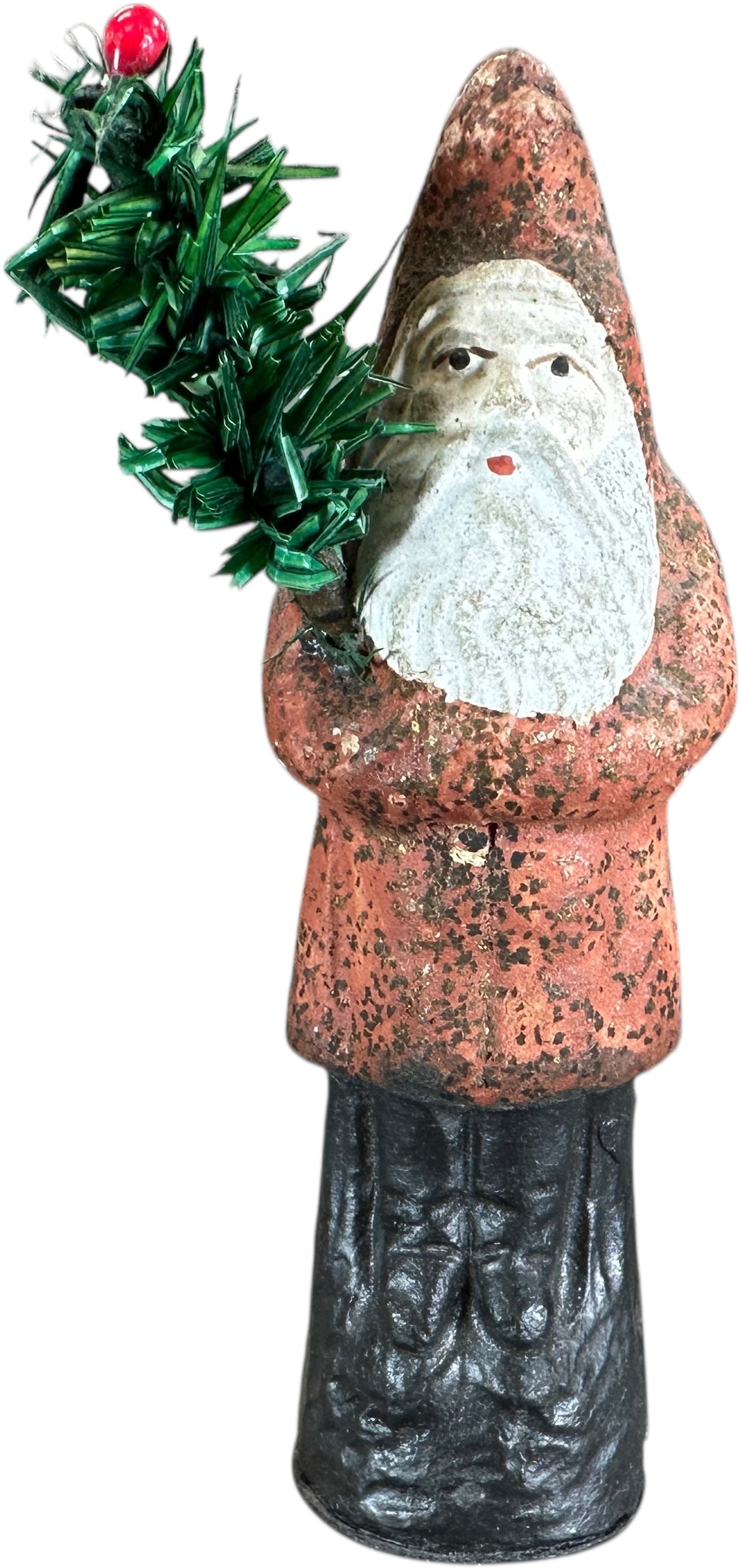 SMALL GERMAN RED BELSNICKLE ORNAMENT: 1260. SMALL GERMAN RED BELSNICKLE ORNAMENT | Small German Santa with hook on hood for hanging. | 5.5" h. | Some overpaint to black boots, otherwise (Excellent Condition) | $400 - $600