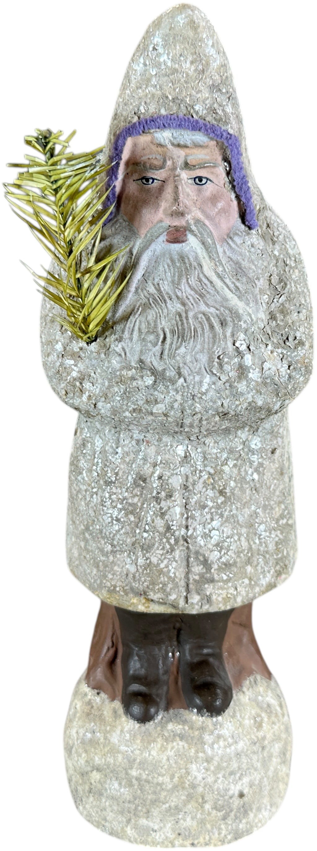 MEDIUM WHITE COAT BELSNICKLE: 1261. MEDIUM WHITE COAT BELSNICKLE | Very nice face. Provenance: Bob & Maurine Young | 9.5" h. | Boots and snow mound are professionally made, White coat has seem repair along sides, displays nicely a