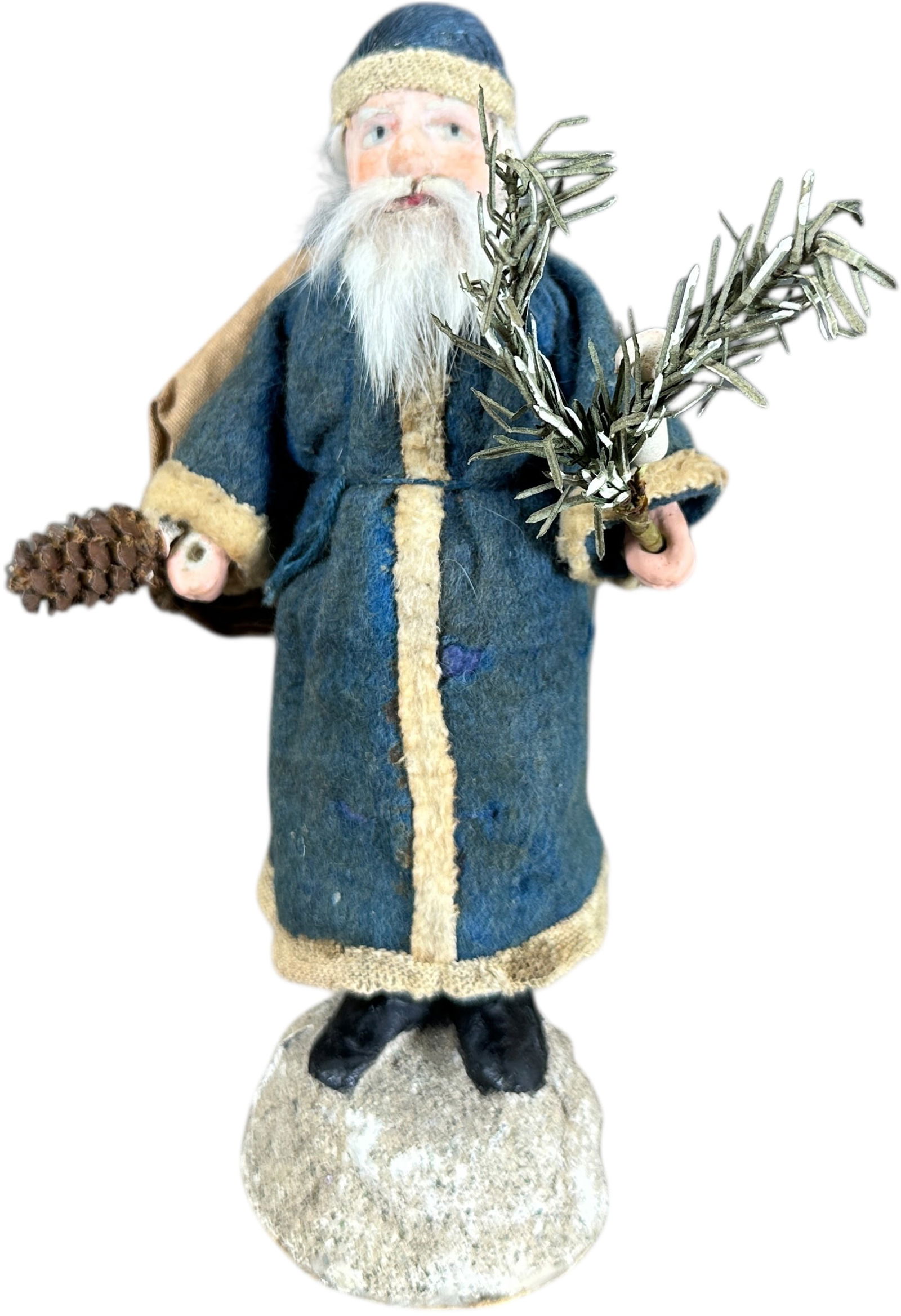 BLUE COAT SANTA CANDY CONTAINER: 1265. BLUE COAT SANTA CANDY CONTAINER | Provenance: Bob & Maurine Young | 8" h. | Some paint enhancements, (Very Good Condition) | $600 - $900