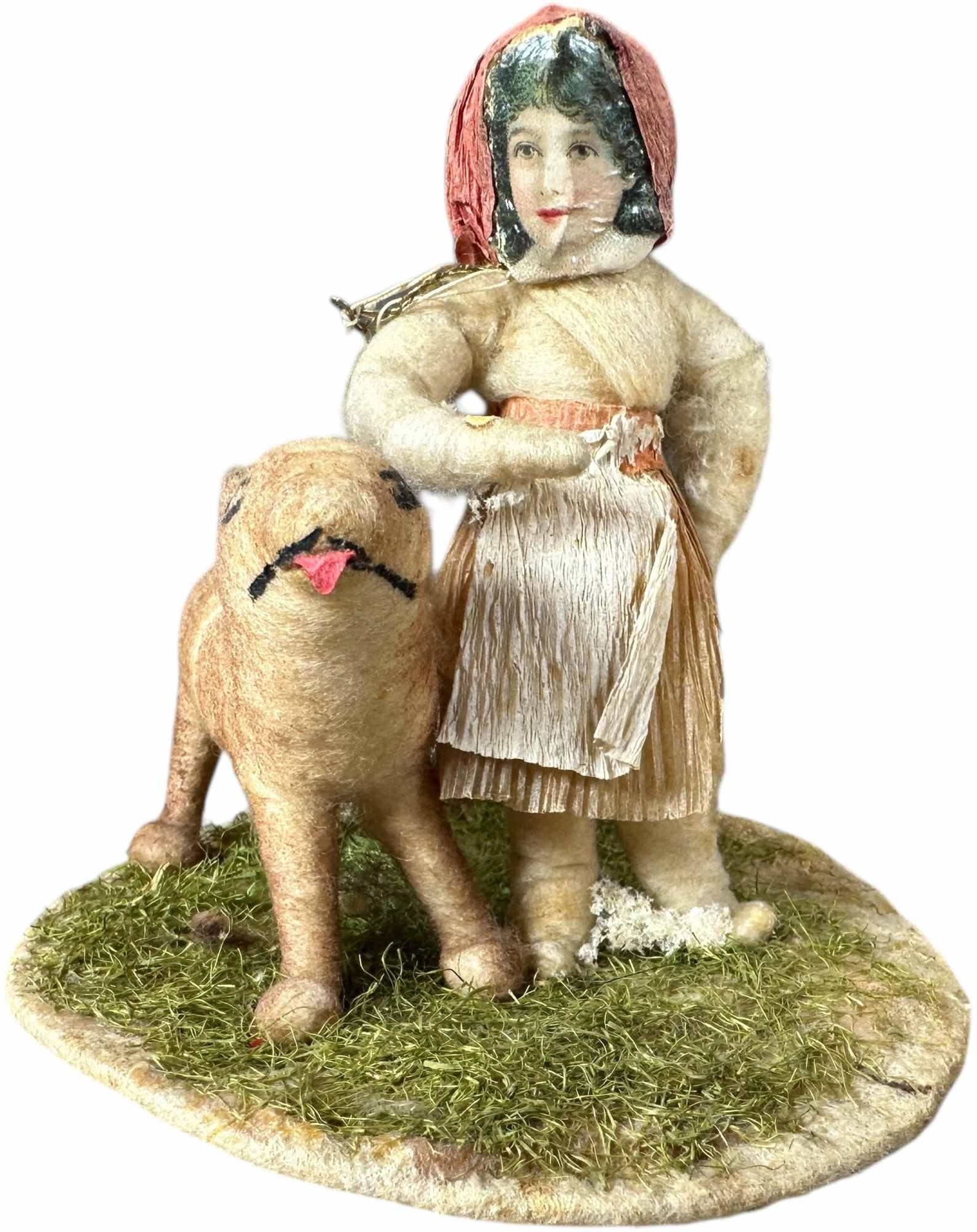 RED RIDING HOOD ON COTTON PLATFORM: 1268. RED RIDING HOOD ON COTTON PLATFORM | Early German cotton figures on platform. Wolf is missing one of his ears. Provenance: Linda Morrow Collection | 4" h. | (Excellent Condition) | $600 -