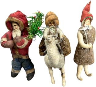 THREE COTTON SANTA ORNAMENTS