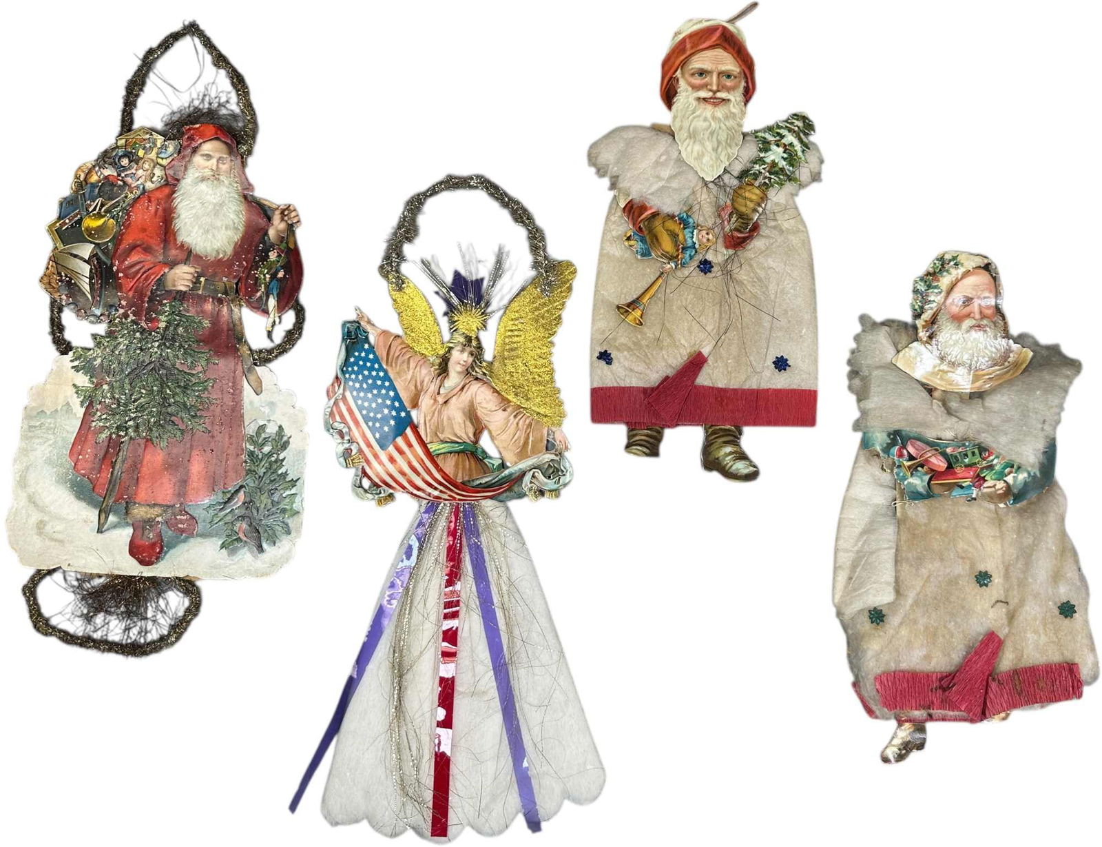 FOUR LARGE COTTON ORNAMENTS: 1278. FOUR LARGE COTTON ORNAMENTS | Provenance: Linda Morrow Collection | 19" h. | Some damage to paper and boots, (Very Good Condition) | $600 - $900