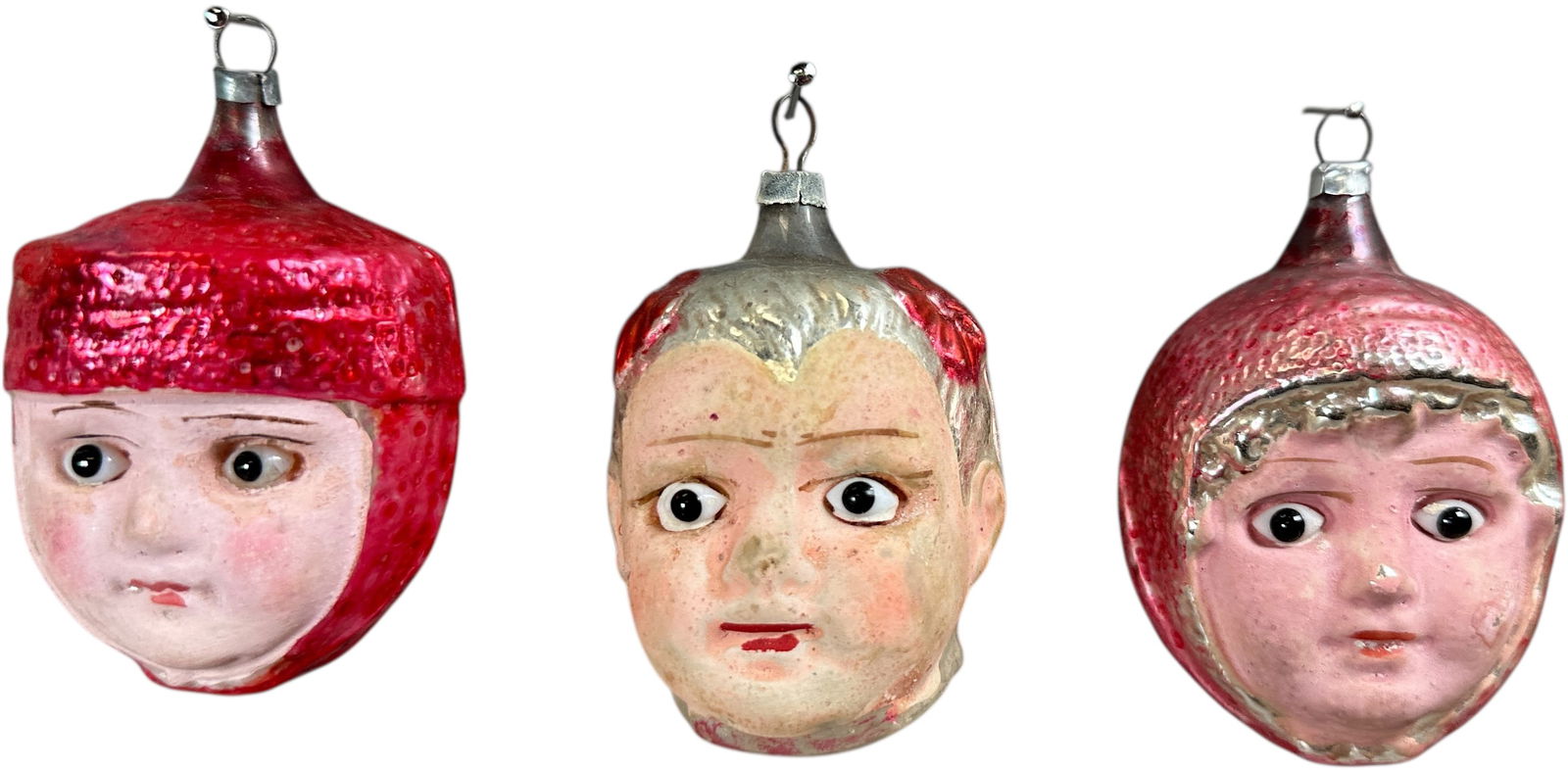 GIRLS HEAD GLASS ORNAMENTS: 1283. GIRLS HEAD GLASS ORNAMENTS | Great painted faces, glass eyes. | 3" h. | (Pristine Condition) | $400 - $700