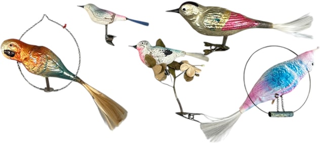FIVE GLASS BIRD ORNAMENT CLIPS