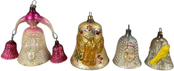 FOUR GERMAN GLASS BELL ORNAMENTS
