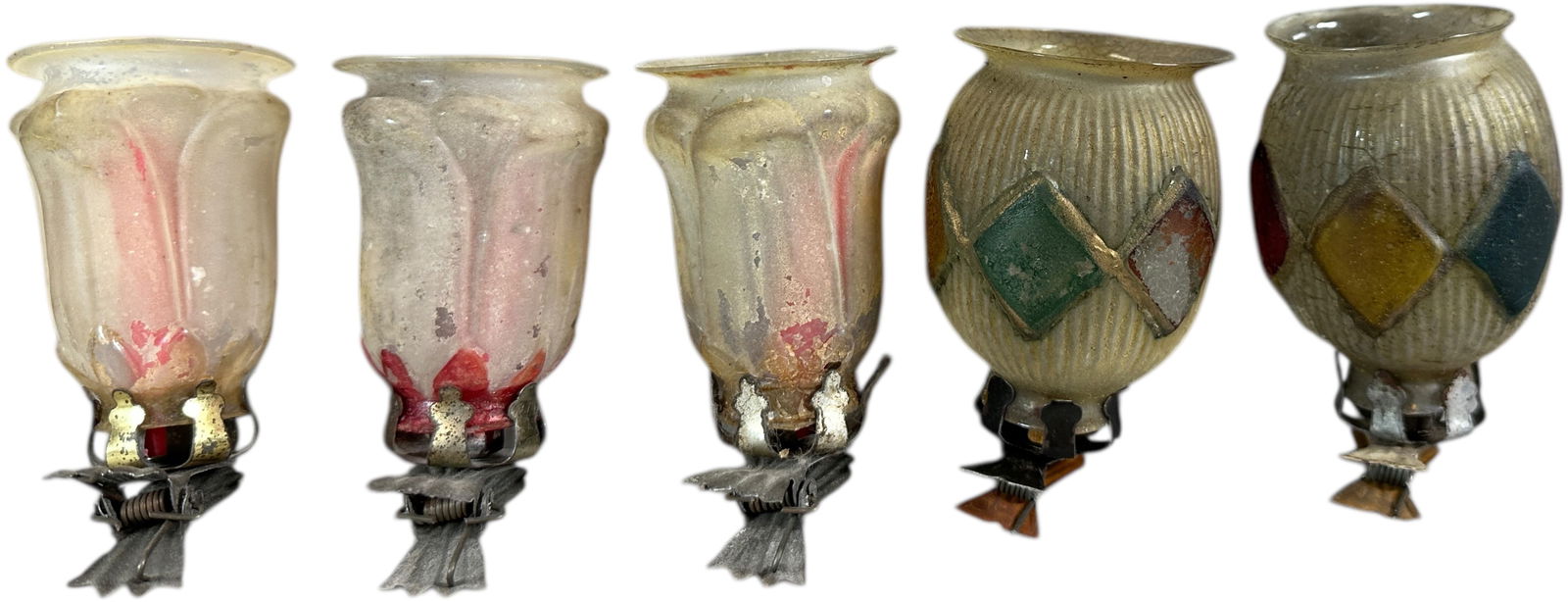 FIVE GLASS CANDLE SHADES: 1290. FIVE GLASS CANDLE SHADES | One with hole in side. Provenance: Bob & Maurine Young | 3.5" h. | (Excellent Condition) | $500 - $900