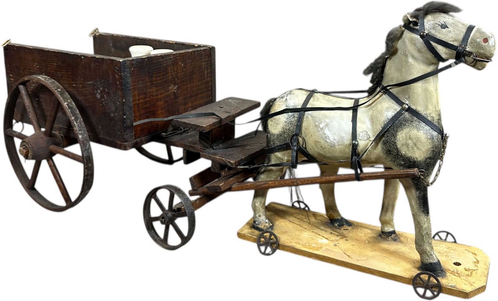 GERMAN HORSE DRAWN WOODEN WAGON: 1295. GERMAN HORSE DRAWN WOODEN WAGON | 26" l. | (Very Good to Excellent Condition) | $200 - $400
