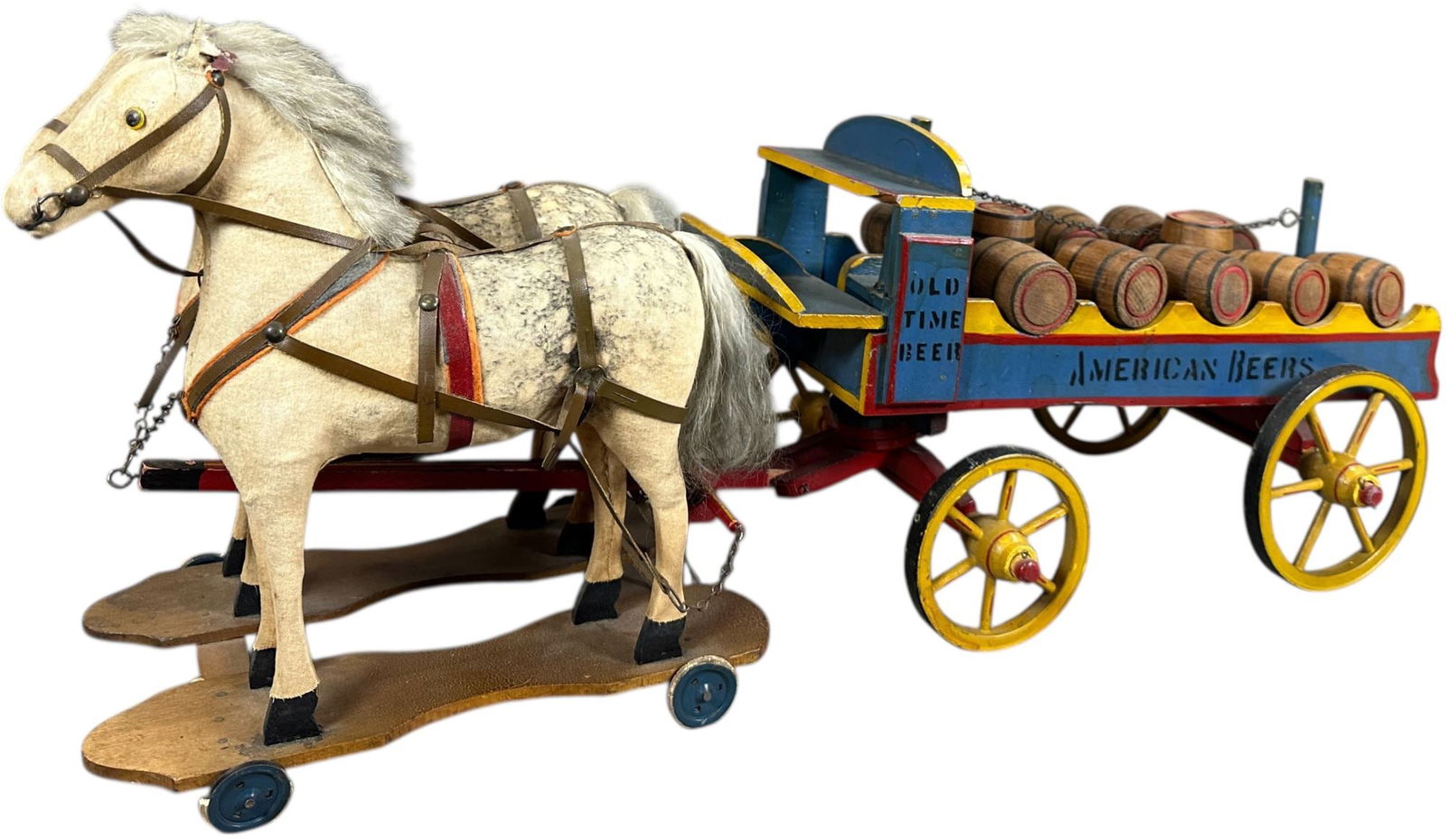 GERMAN HORSE DRAWN AMERICAN BEER WAGON: 1297. GERMAN HORSE DRAWN AMERICAN BEER WAGON | 30" l. | (Pristine Condition) | $300 - $600