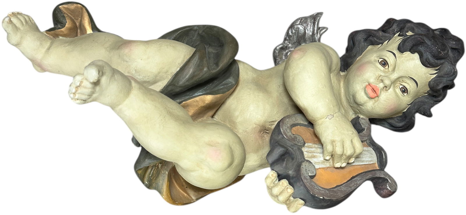 PLASTER CHERUB PLAYING LYRE: 1301. PLASTER CHERUB PLAYING LYRE | Very large plaster figure. | 19" l. | Repainted, (Excellent Condition) | $300 - $600