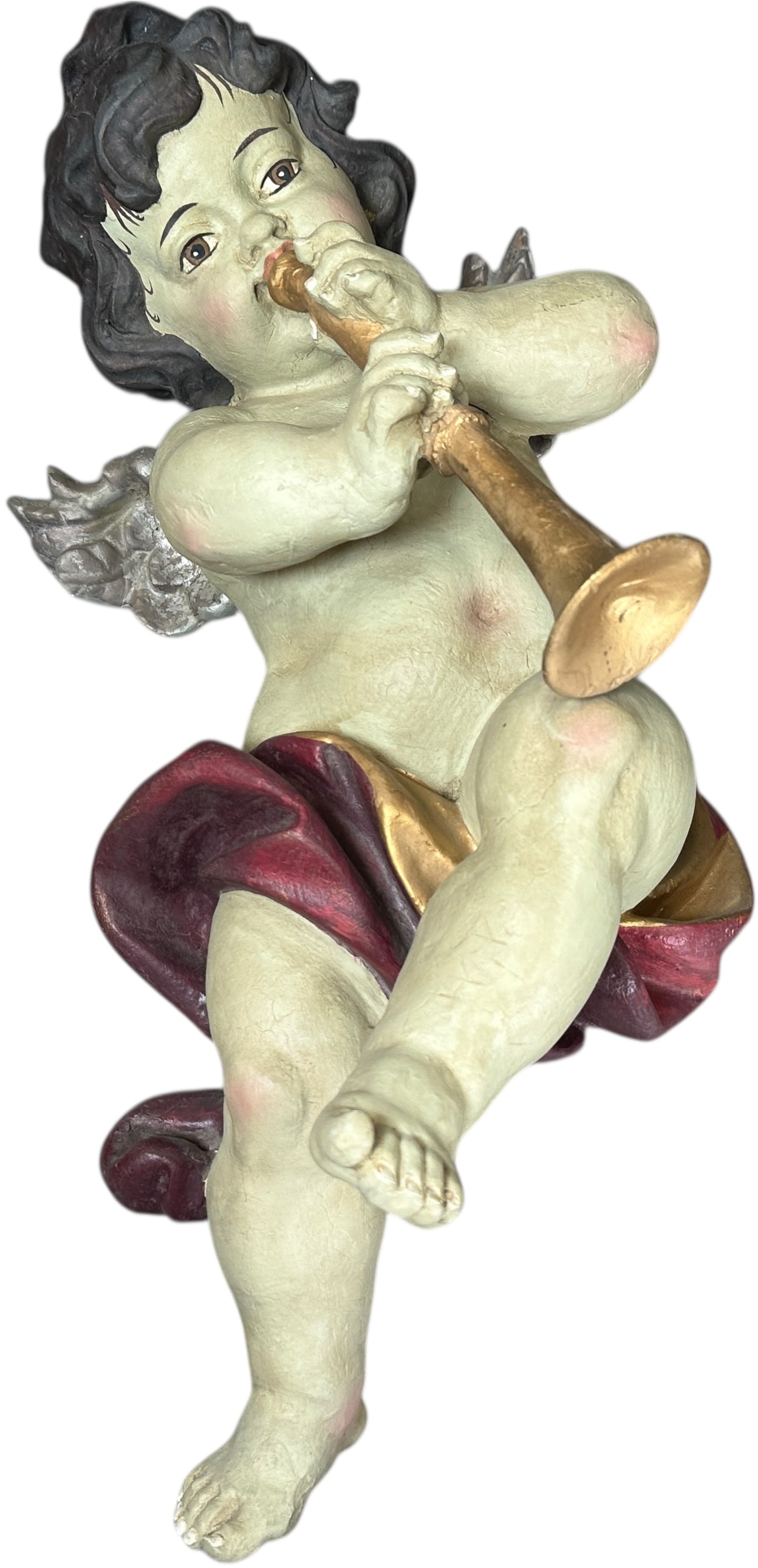PLASTER CHERUB PLAYING TRUMPET: 1302. PLASTER CHERUB PLAYING TRUMPET | Large angel. | 19" lwh. | Repainted, (Excellent Condition) | $300 - $600