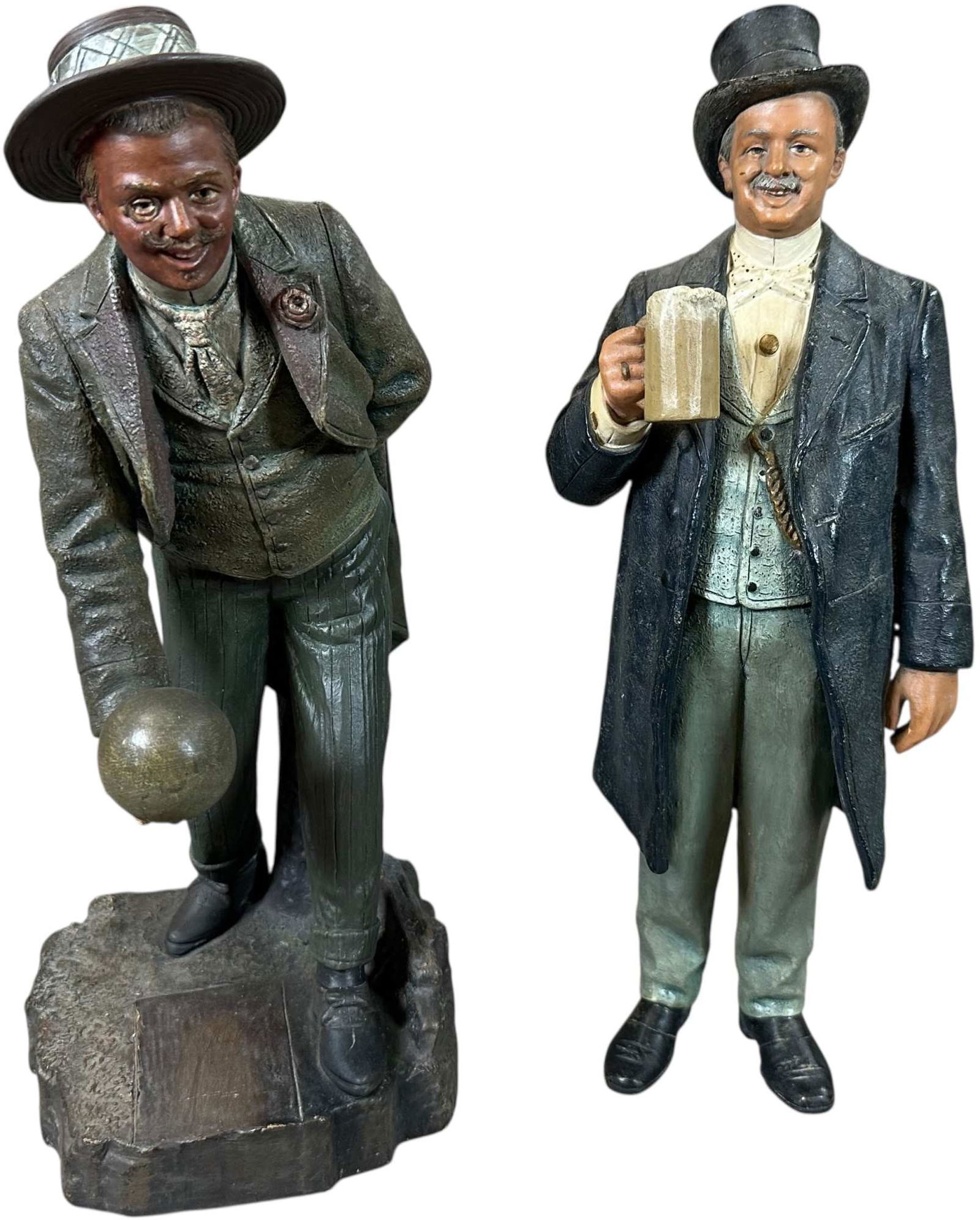 PAIR OF PLASTER FIGURES: 1305. PAIR OF PLASTER FIGURES | 12" h. | Bowling man has professional touch-ups in areas (Very Good to Excellent Condition), Drinking man has some touch-up to his pants otherwise (Excellent
