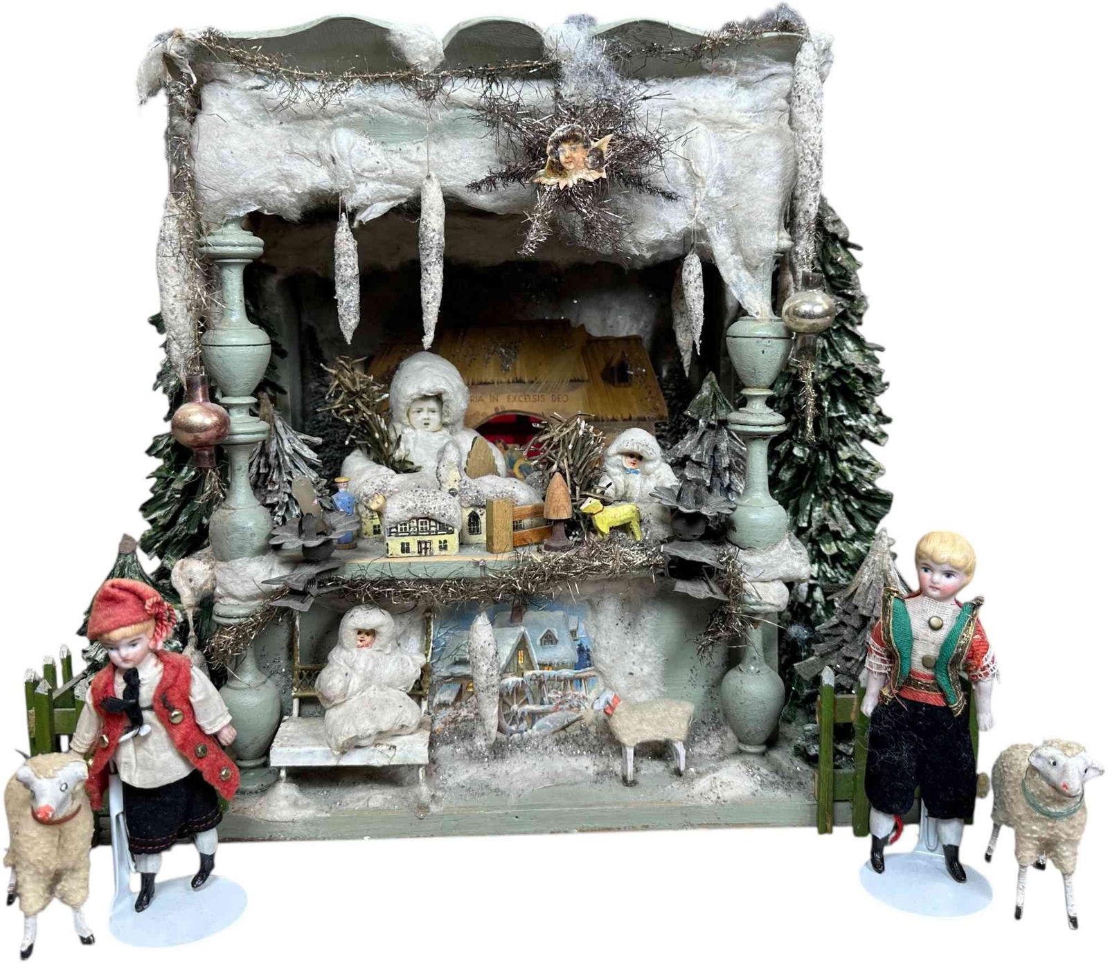 NATIVITY CHRISTMAS MARKET STALL DISPLAY SCENE: 1315. NATIVITY CHRISTMAS MARKET STALL DISPLAY SCENE | Artisan made Christmas scene. Provenance: Bob & Maurine Young | 14 x 7 x 12" lwh. | Assembled display using primarily old parts and items,