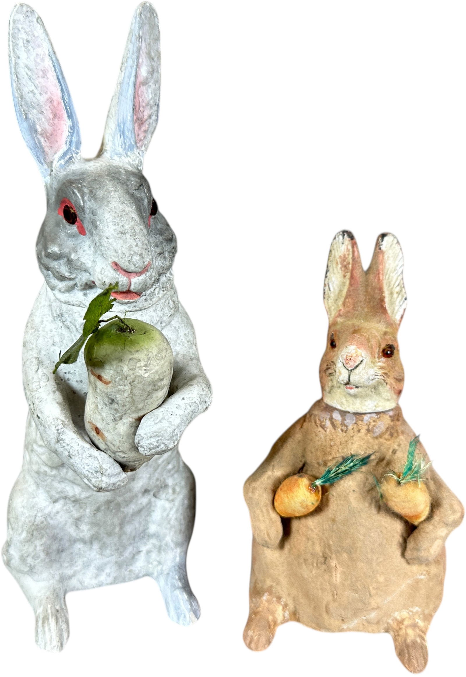 TWO STANDING UP RABBIT CANDY CONTAINERS: 1325. TWO STANDING UP RABBIT CANDY CONTAINERS | Provenance: Linda Morrow Collection | 8.5" h. | White rabbit has one foot and two ears glued where cracked, brown bunny has repaired feet, (Very Good