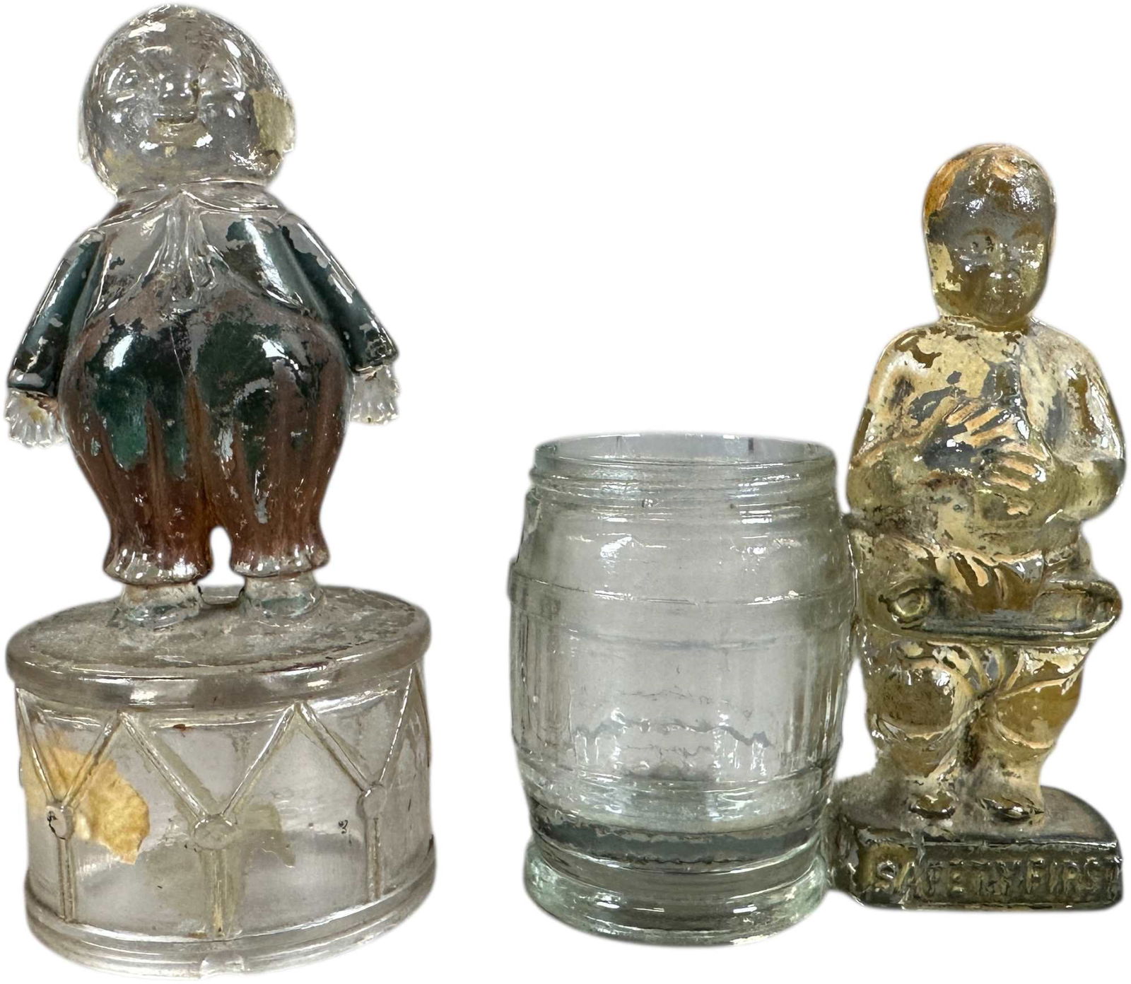 SAFETY FIRST & BOY ON DRUM GLASS CANDY CONTAINERS (1 of 5)