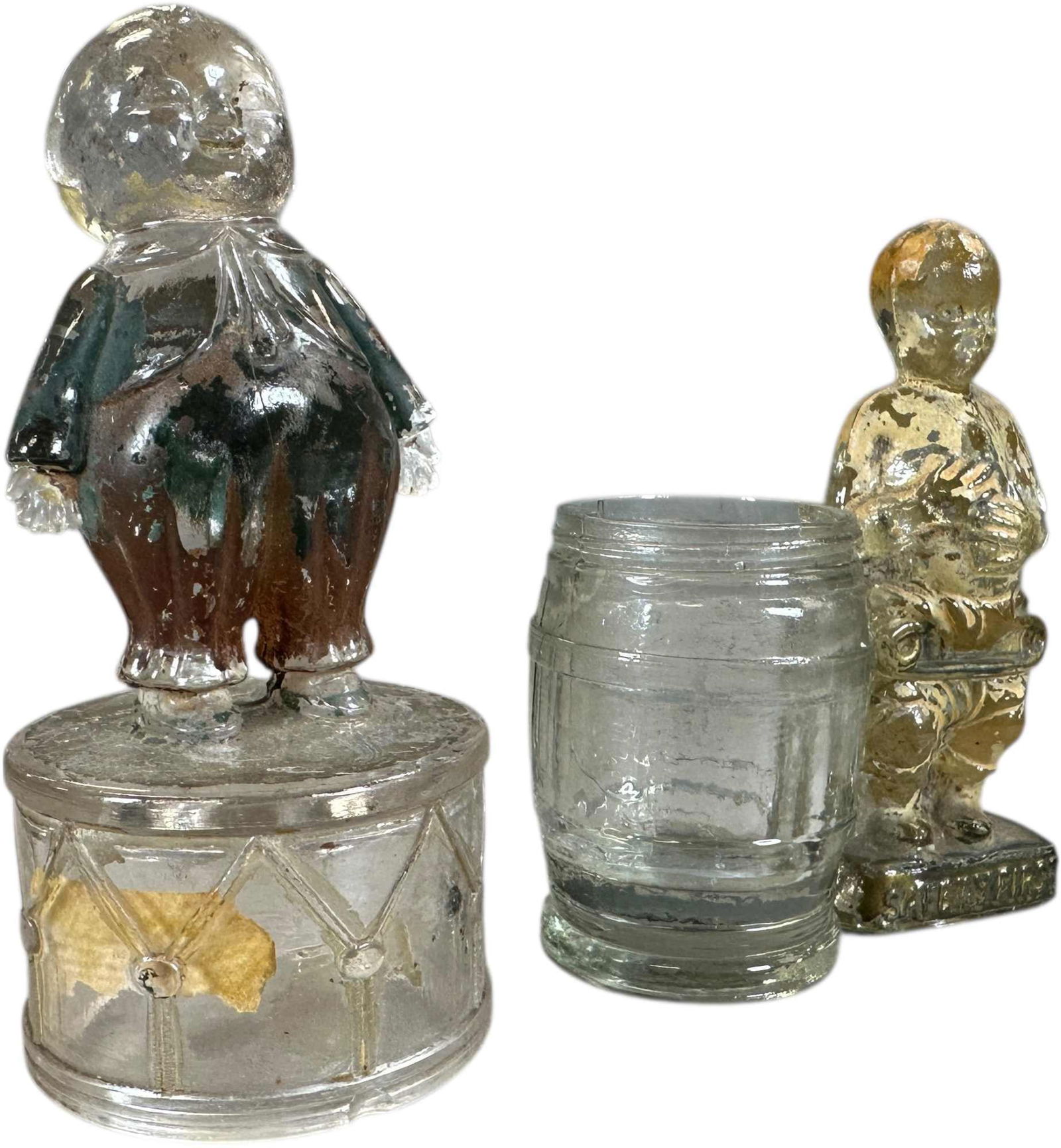 SAFETY FIRST & BOY ON DRUM GLASS CANDY CONTAINERS - 2