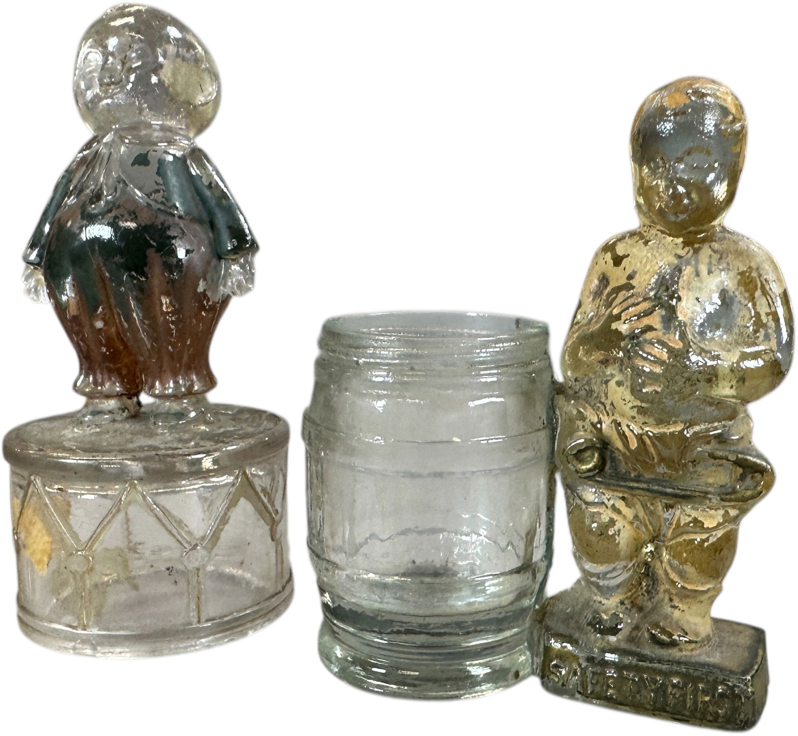 SAFETY FIRST & BOY ON DRUM GLASS CANDY CONTAINERS - 3