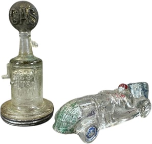 RACE CAR & GAS PUMP GLASS CANDY CONTAINERS