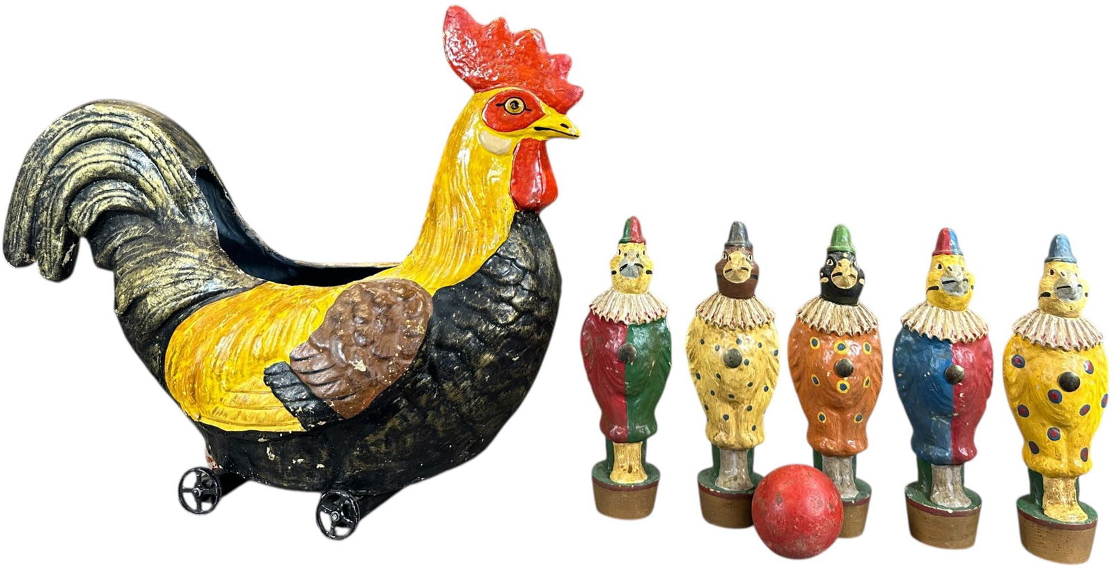 SMALL GERMAN ROOSTER SKITTLE PIN SET: 1349. SMALL GERMAN ROOSTER SKITTLE PIN SET | Provenance: Beth Karp Collection. | 14" l. | Minor touchups to otherwise original container, skittles are restored, displays in (Excellent Condition) |