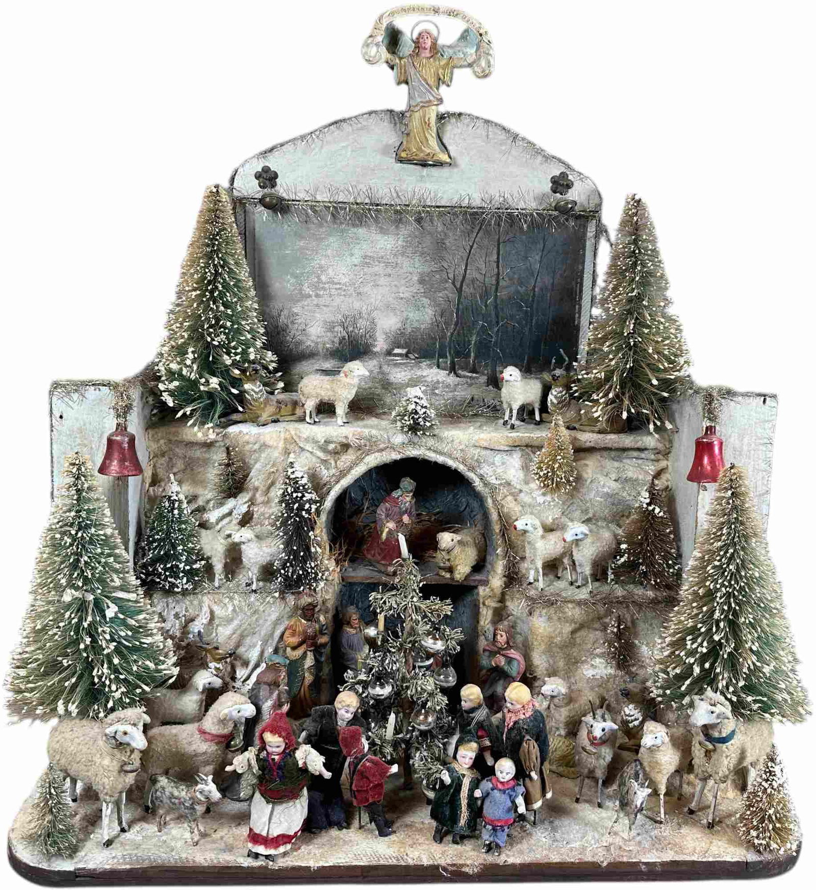 PASTORAL SCENE DIORAMA DISPLAY SCENE: 1350. PASTORAL SCENE DIORAMA DISPLAY SCENE | Artisan Made with old pieces. Provenance: Bob & Maurine Young | 24 x 11 27.5" lwh. | Assembled display using primarily old parts and items, (Excellent