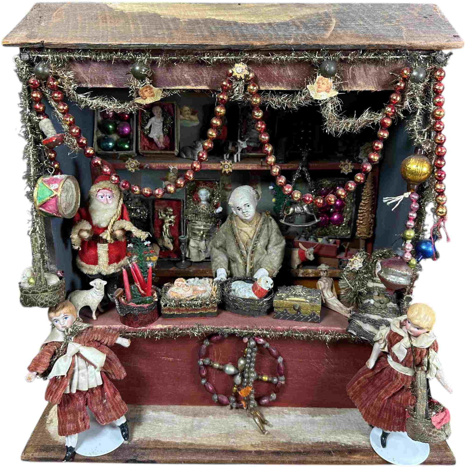 CHRISTMAS MARKET STALL MUSIC BOX DISPLAY SCENE: 1351. CHRISTMAS MARKET STALL MUSIC BOX DISPLAY SCENE | Artisan made Christmas market stall. New item made with old parts. Provenance: Bob & Maurine Young | 12 x 8 x 13" lwh. | Assembled display