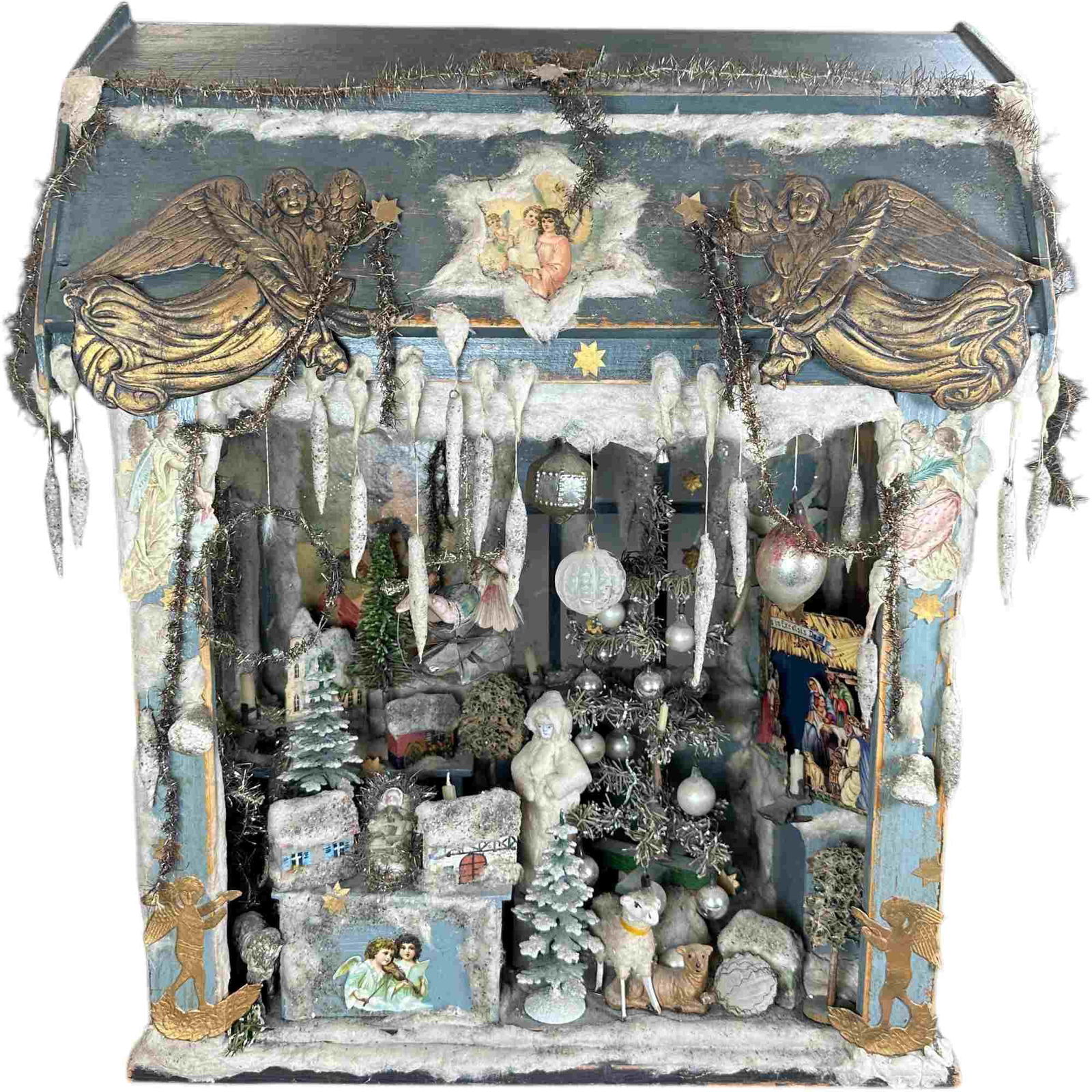 CHRISTMAS GOODS SHOP W/ NATIVITY DISPLAY SCENE: 1353. CHRISTMAS GOODS SHOP W/ NATIVITY DISPLAY SCENE | Artisan made with old and vintage pieces. Provenance: Bob & Maurine Young | 19 x 11 x 22.5" lwh. | Assembled display using primarily old parts 