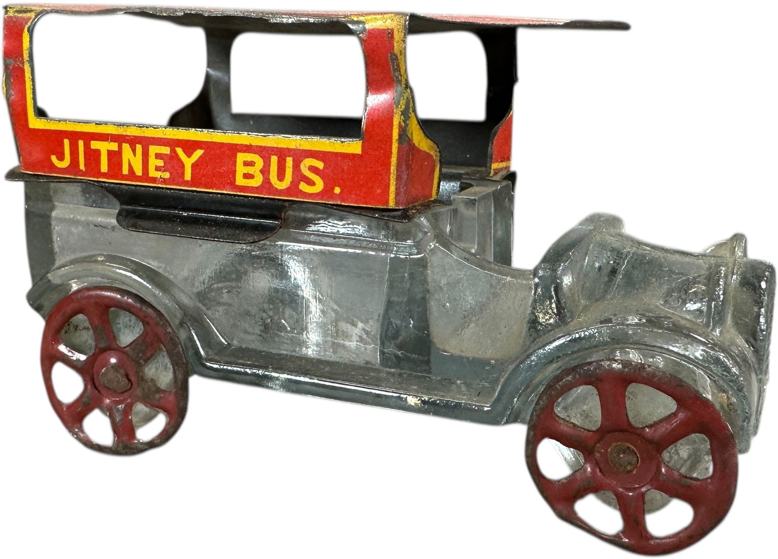 JITNEY BUS GLASS CANDY CONTAINER: 1359. JITNEY BUS GLASS CANDY CONTAINER | 4.5" l. | (Excellent Condition) | $200 - $300