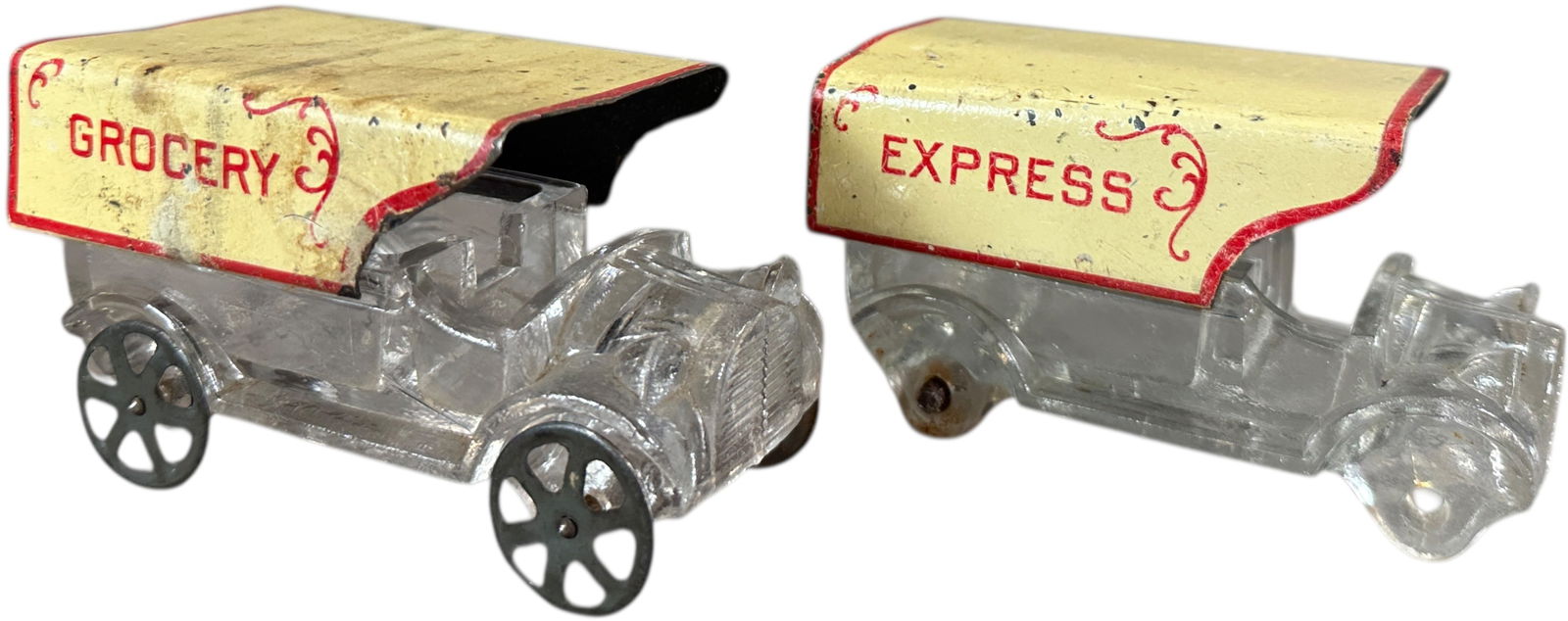 EXPRESS & GROCERY TRUCK GLASS CANDY CONTAINERS: 1361. EXPRESS & GROCERY TRUCK GLASS CANDY CONTAINERS | 5" l. | Grocery missing wheels, (Very Good Condition) | $300 - $500