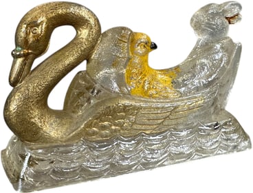 RABBIT & CHICK IN SWAN BOAT GLASS CANDY CONTAINER