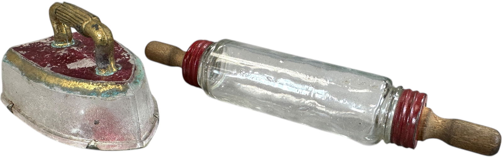 IRON & ROLLING PIN GLASS CANDY CONTAINER: 1371. IRON & ROLLING PIN GLASS CANDY CONTAINER | 7.5" l. | (Excellent Condition) | $300 - $500