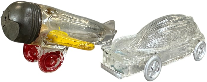 CAR OF THE FUTURE & PLANE GLASS CANDY CONTAINERS