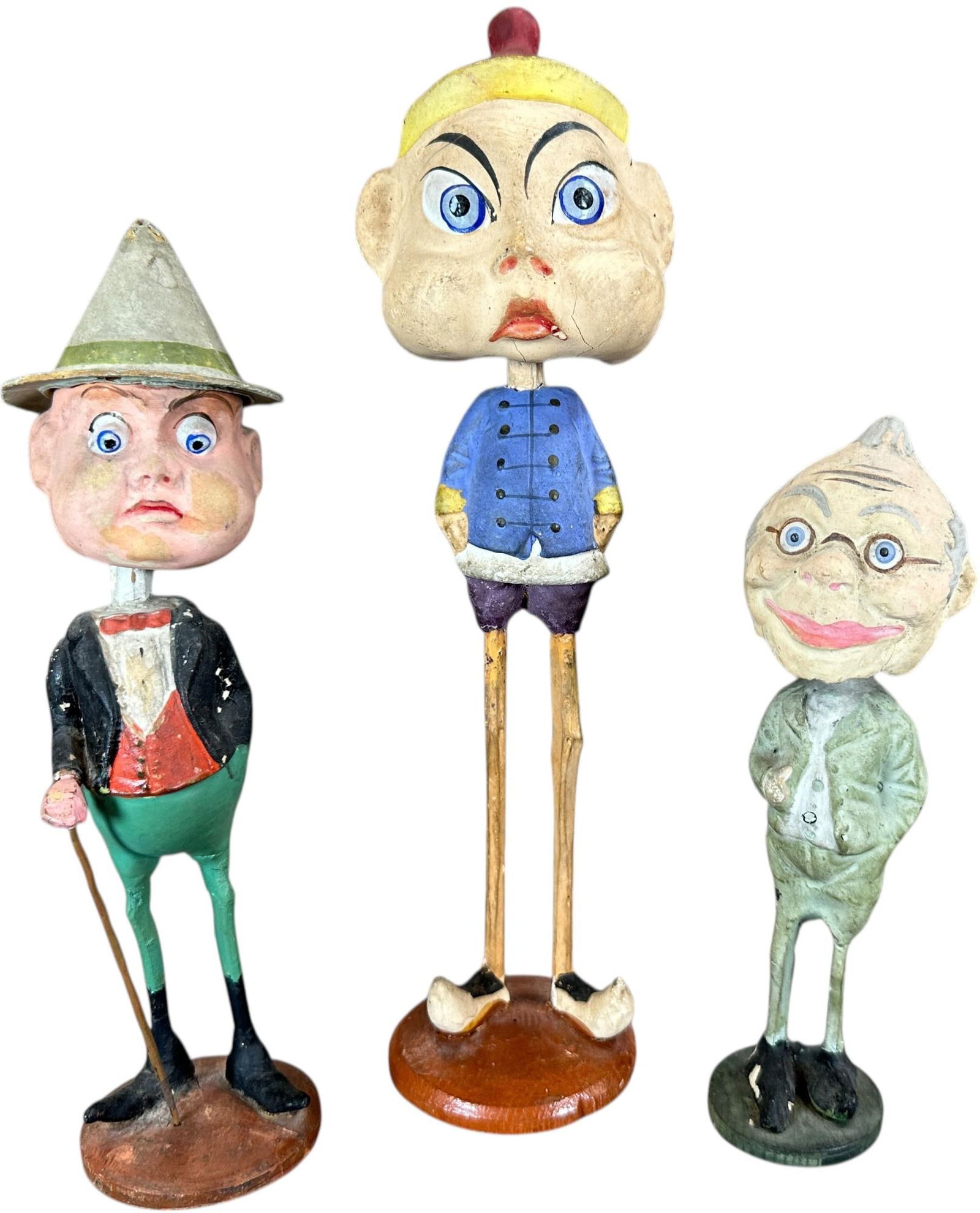 THREE STICK LEG GERMAN NODDER FIGURES: 1380. THREE STICK LEG GERMAN NODDER FIGURES | Provenance: Beth Karp Collection. | 12" h. | China Man head has some fine cracks, Brownie with walking stick has some paint enhancement, (Excellent Condit