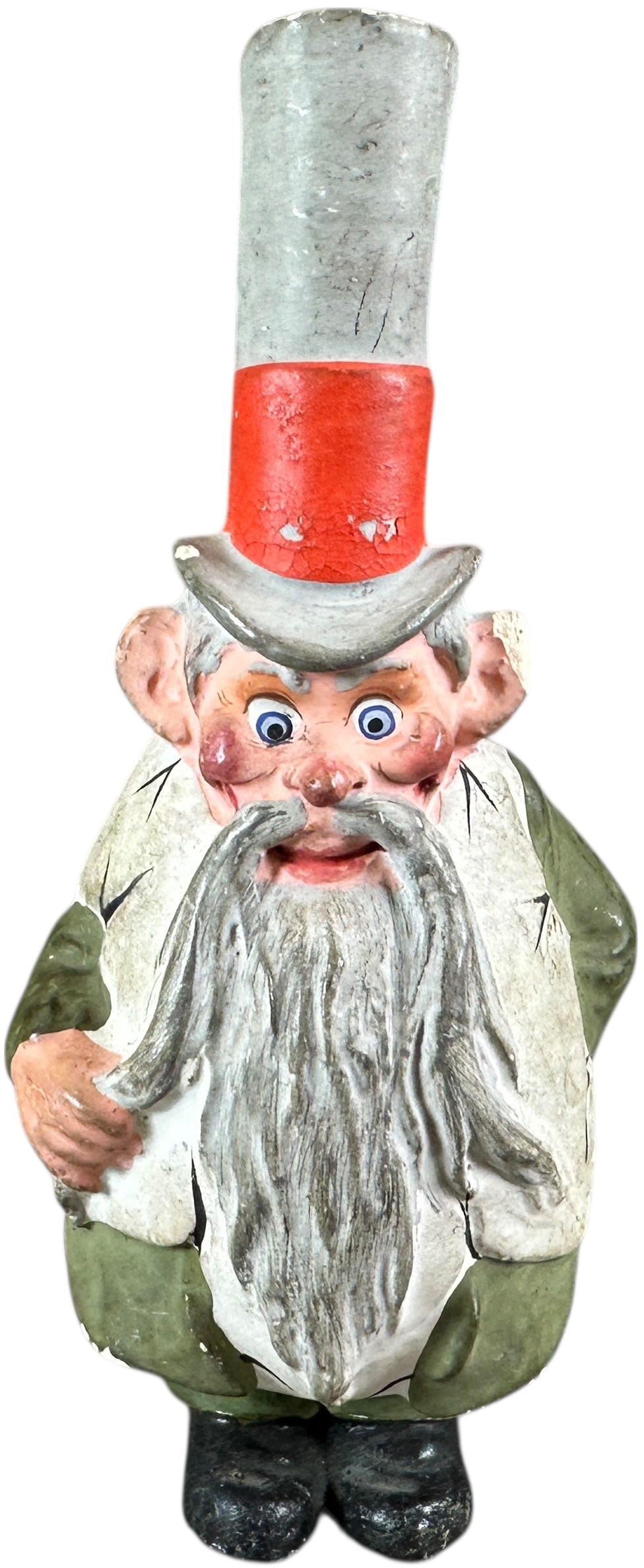 OLD MAN IN EGG W/ TALL HAT CANDY CONTAINER: 1389. OLD MAN IN EGG W/ TALL HAT CANDY CONTAINER | Some chips to ear and brim of hat. | 7" h. | (Very Good to Excellent Condition) | $400 - $700