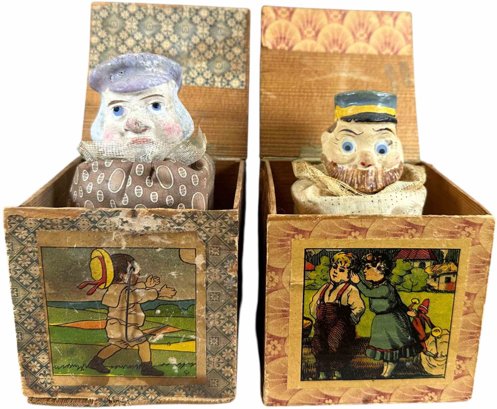 EARLY COMIC CHARACTER JACK IN THE BOX: 1400. EARLY COMIC CHARACTER JACK IN THE BOX | 4" h. | One spring needs to be glued down, (Very Good Condition) others in (Excellent Condition) | $300 - $600