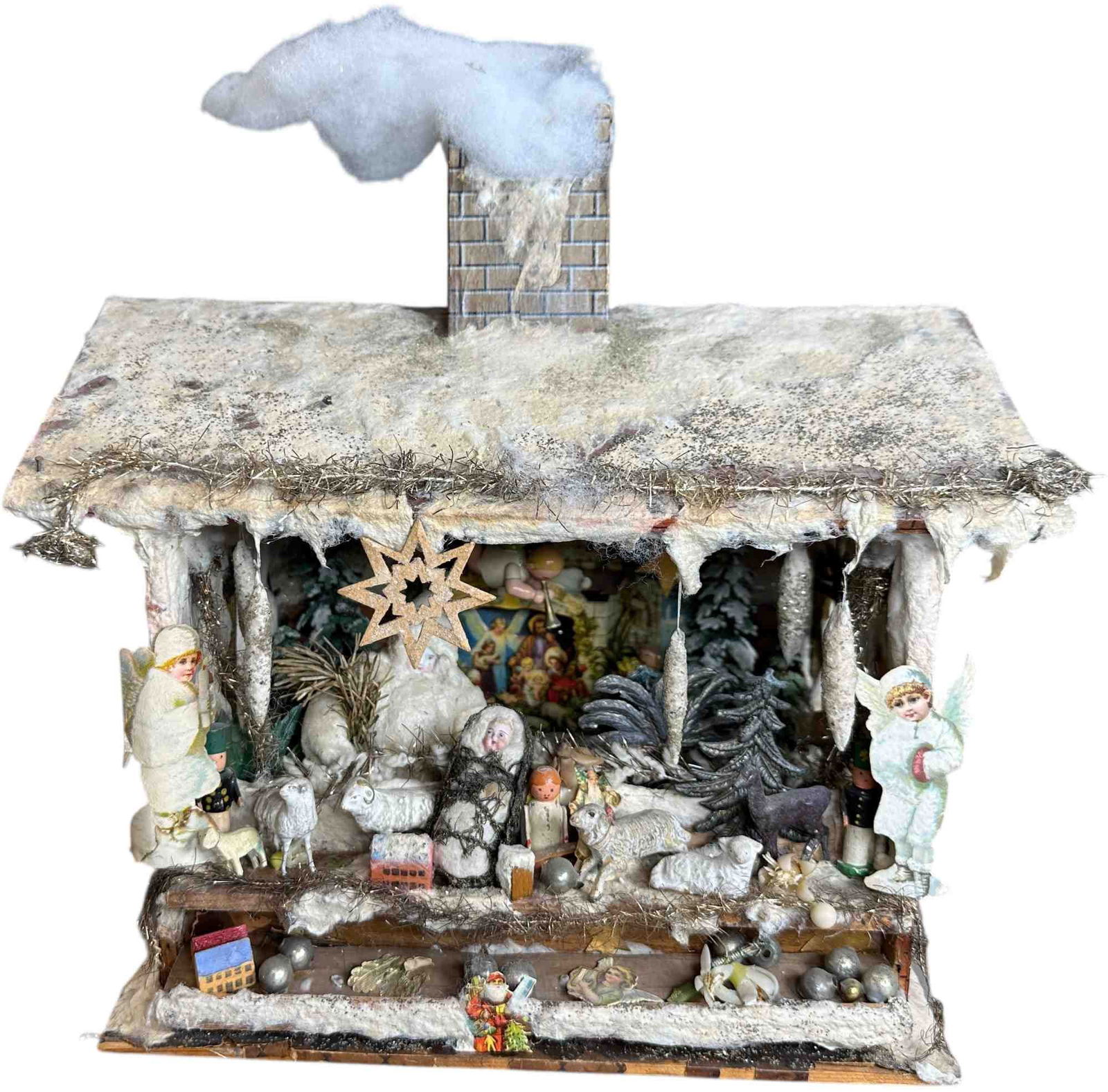 WINTRY CHRISTMAS MARKET STALL W/ CHIMNEY: 1401. WINTRY CHRISTMAS MARKET STALL W/ CHIMNEY | 13.5 x 9 x 14" lwh. | Assembled display using primarily old parts and items, (Excellent Condition) | $400 - $600