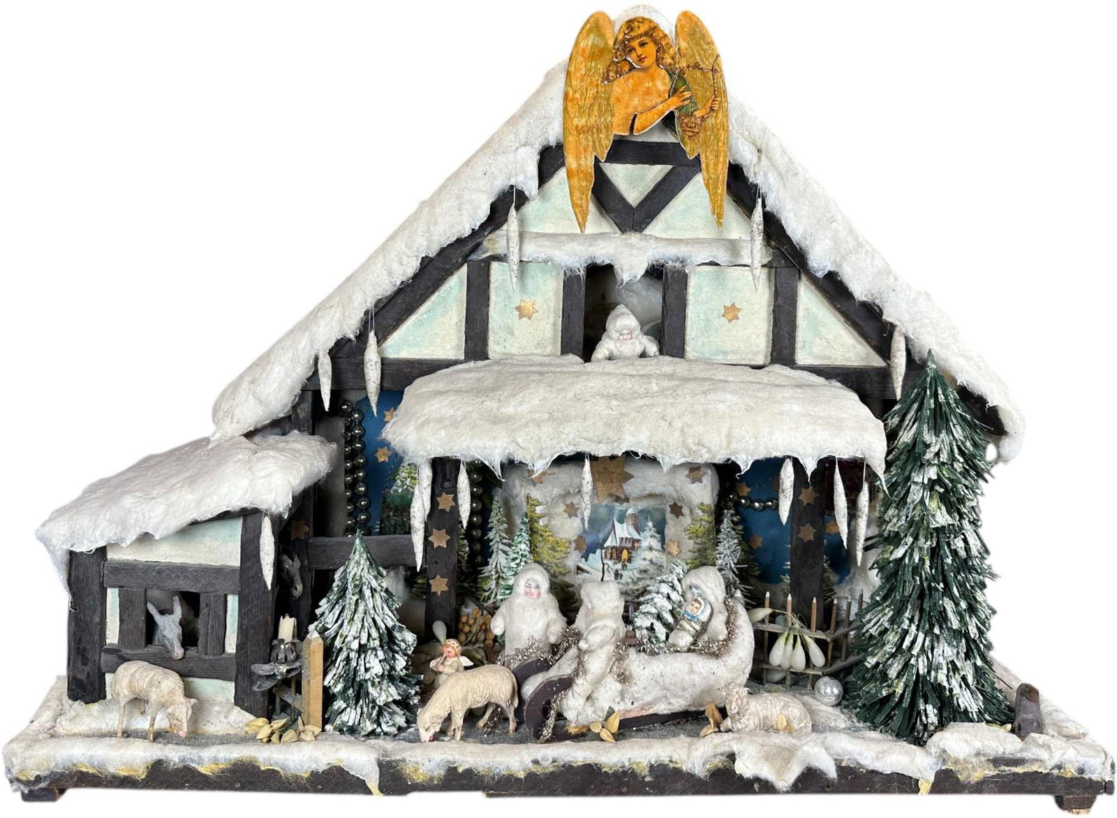 LOG CABIN IN THE WOODS WINTERY SCENE MUSIC BOX: 1402. LOG CABIN IN THE WOODS WINTERY SCENE MUSIC BOX | 27 x 12 x 20.5" lwh. | Assembled display using primarily old parts and items, (Excellent Condition) | $400 - $600