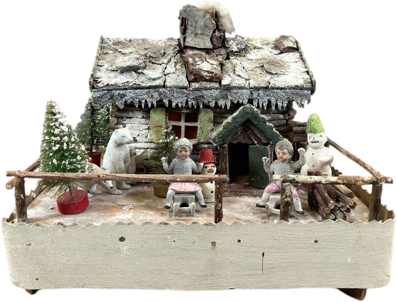 GERMAN WINTERY LOG CABIN SCENE W/ FIGURES: 1406. GERMAN WINTERY LOG CABIN SCENE W/ FIGURES | Includes five figures. | 12 x 10" lw | (Very Good to Excellent Condition) | $300 - $600