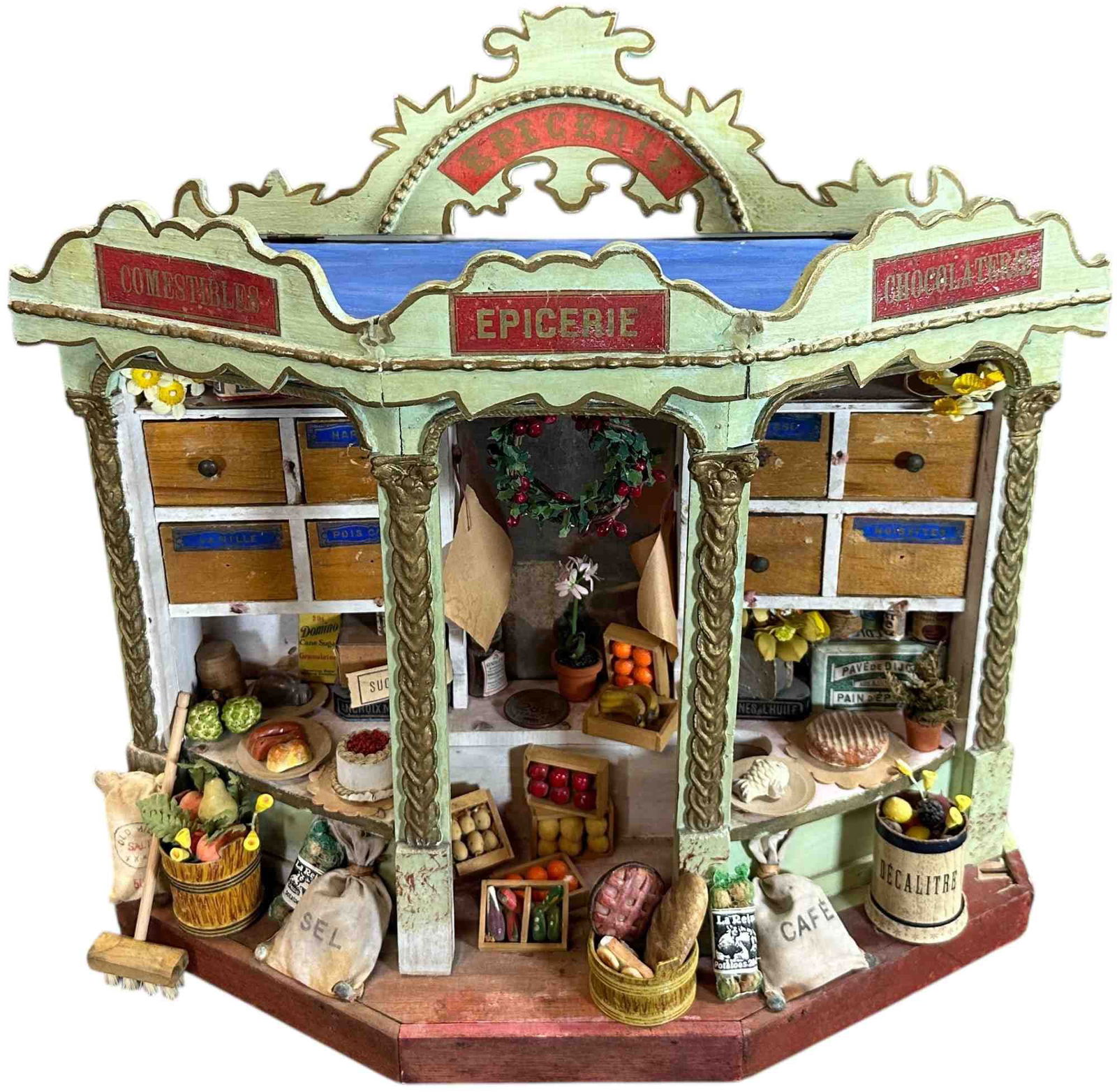 CHRISTIAN HACKER GROCERY STORE DISPLAY: 1411. CHRISTIAN HACKER GROCERY STORE DISPLAY | Provenance: Beth Karp Collection. | 17 x 14" lw | Some expected age wear to wood, other than three replaced paper signs at front top the piece is