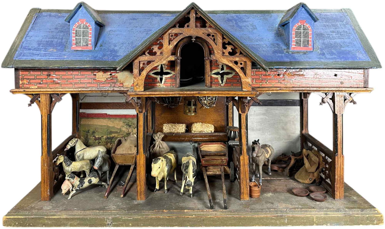 EARLY LARGE THREE STALL STABLE: 1439. EARLY LARGE THREE STALL STABLE | Provenance: David Bausch Collection. | 31.5" l. x 19" h. | (Very Good to Excellent Condition) | $1,200 - $2,000