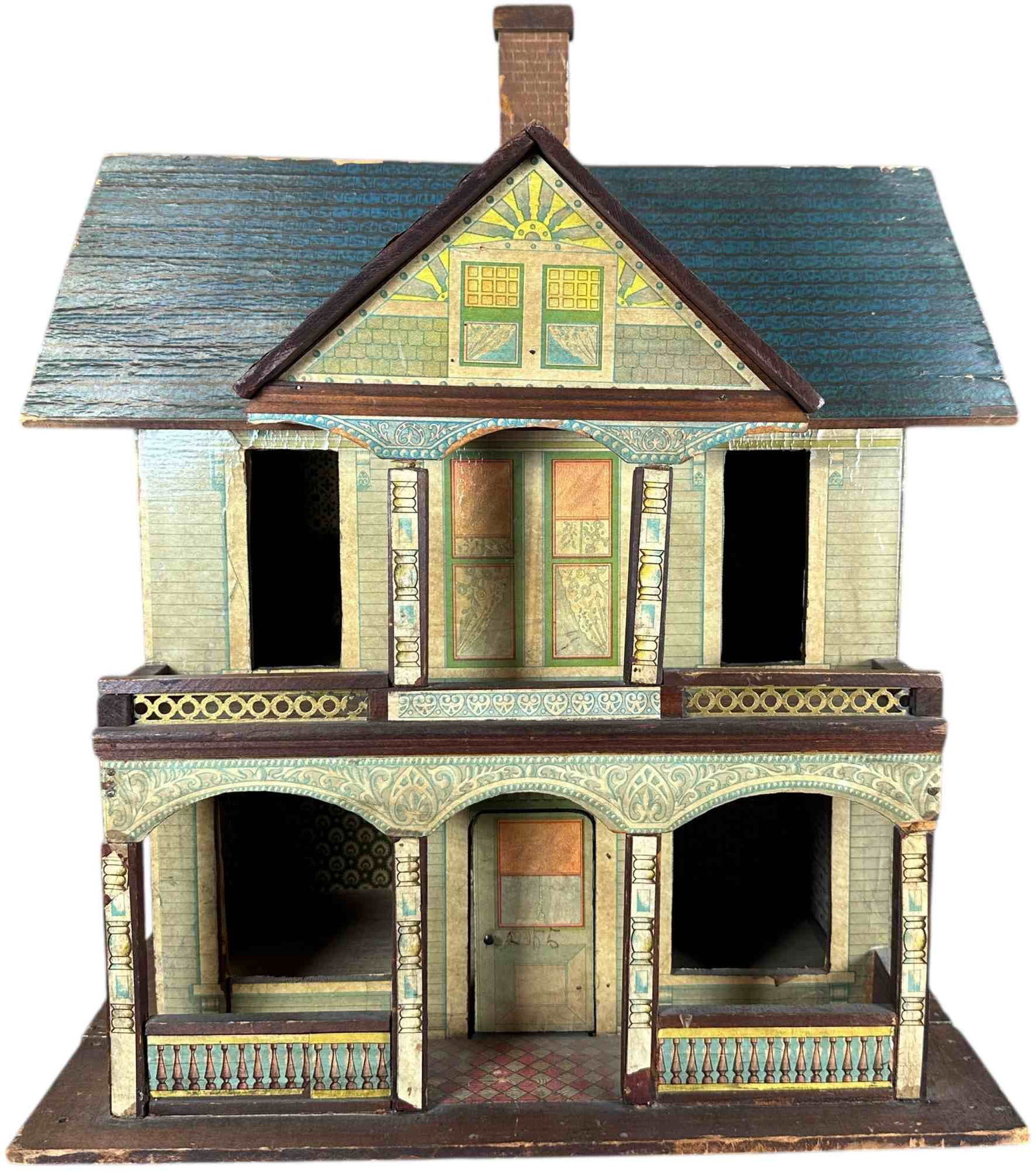 LARGE TWO STORY BLUE ROOF HOUSE: 1441. LARGE TWO STORY BLUE ROOF HOUSE | Provenance: David Bausch Collection. | 18" l. x 24" h. | Some wallpaper on inside added, exterior all original (Excellent Condition) | $800 - $1,200