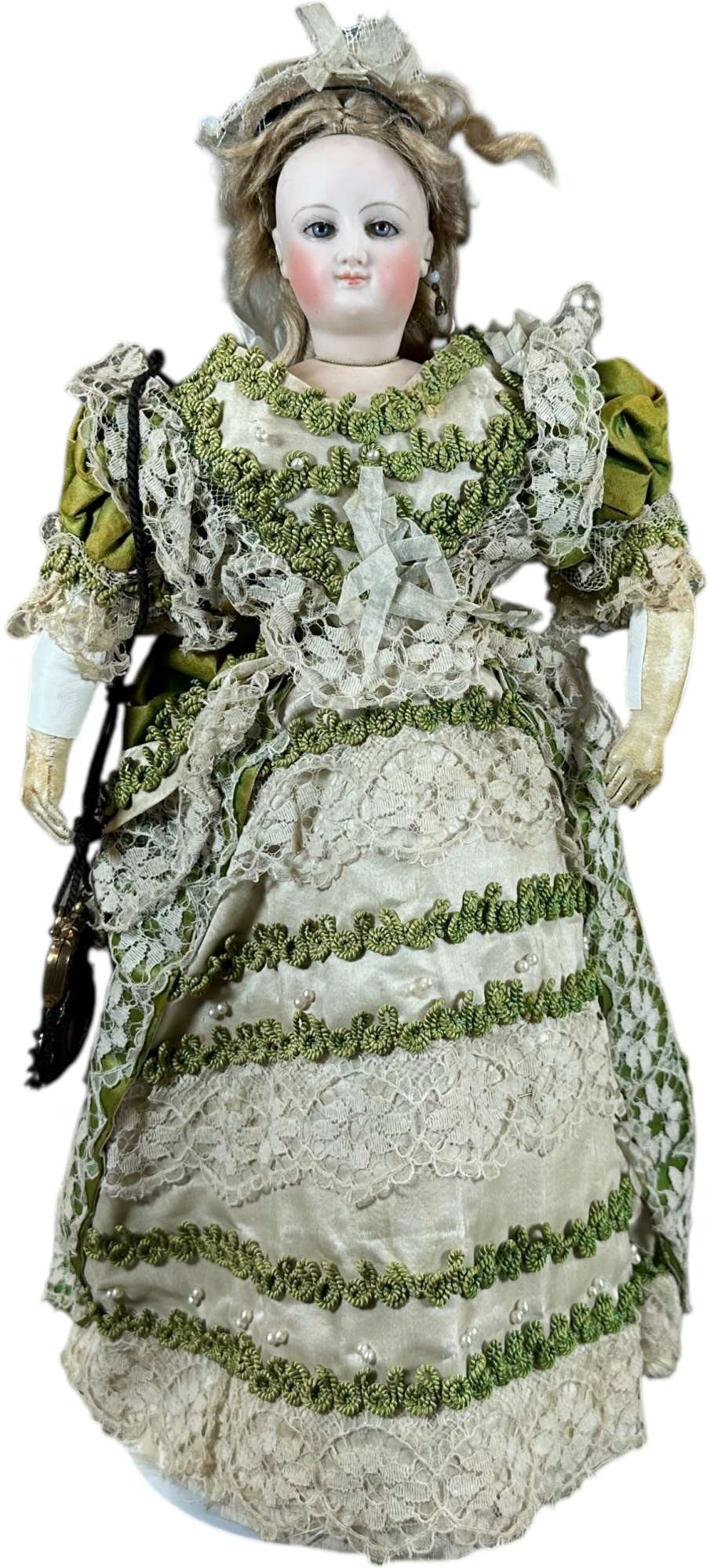 STUNNING SMILING BRU FRENCH FASHION DOLL: 1449. STUNNING SMILING BRU FRENCH FASHION DOLL | Pale bisque socket heat (incised "D"), on separate bisque shoulder which in turn is mounted on firm white leather body with slightly curved limbs, she