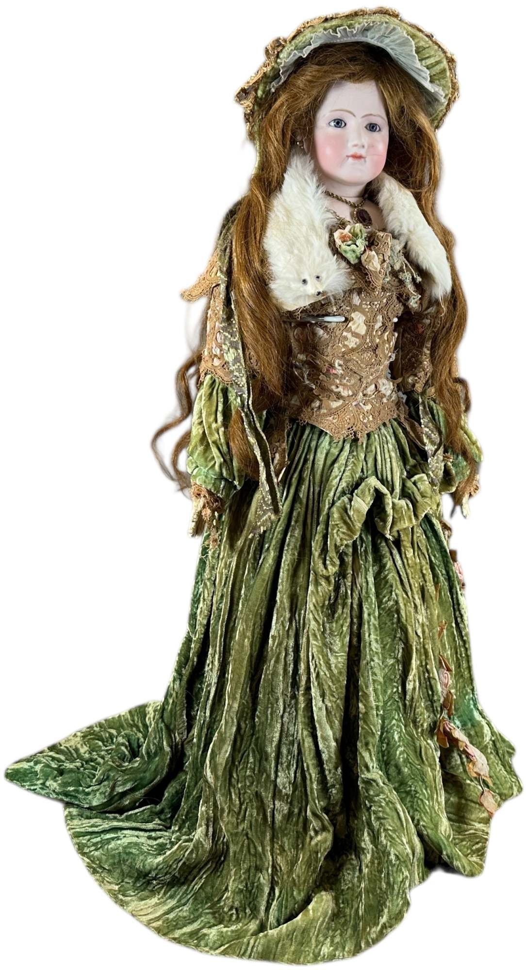 EVER POPULAR PORTRAIT JUMEAU: 1454. EVER POPULAR PORTRAIT JUMEAU | French fashion doll with bisque swivel head on separate bisque shoulder, all mounted to a french white covered leather body, gusset joints a elbows, hips and