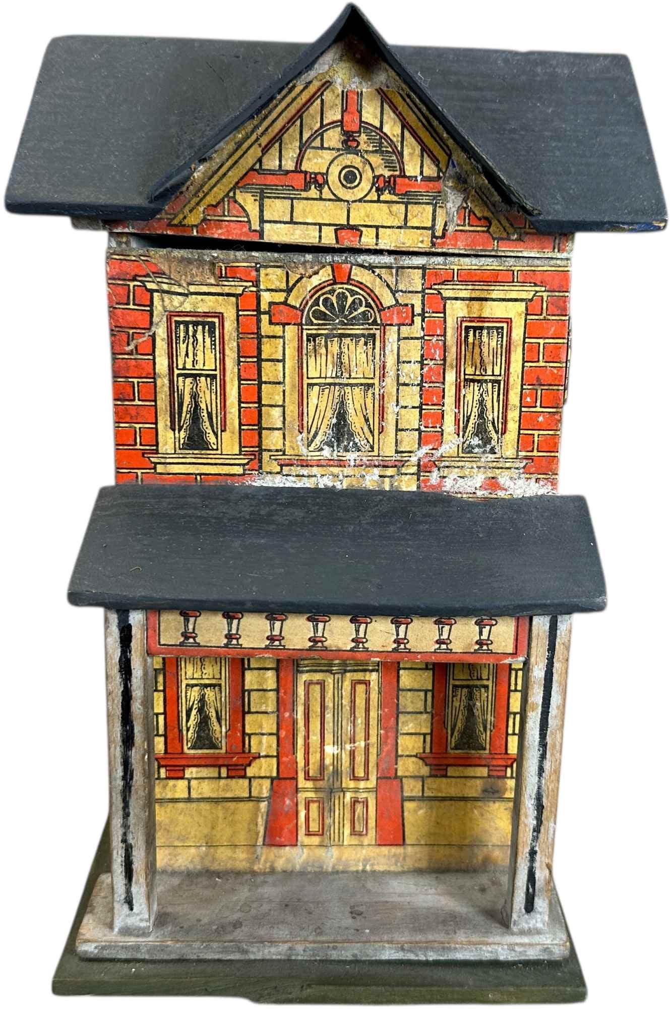 SMALL TWO STORY BLUE ROOF DOLLHOUSE: 1462. SMALL TWO STORY BLUE ROOF DOLLHOUSE | 5.5" l. x 10" h. | (Very Good Condition) | $300 - $500