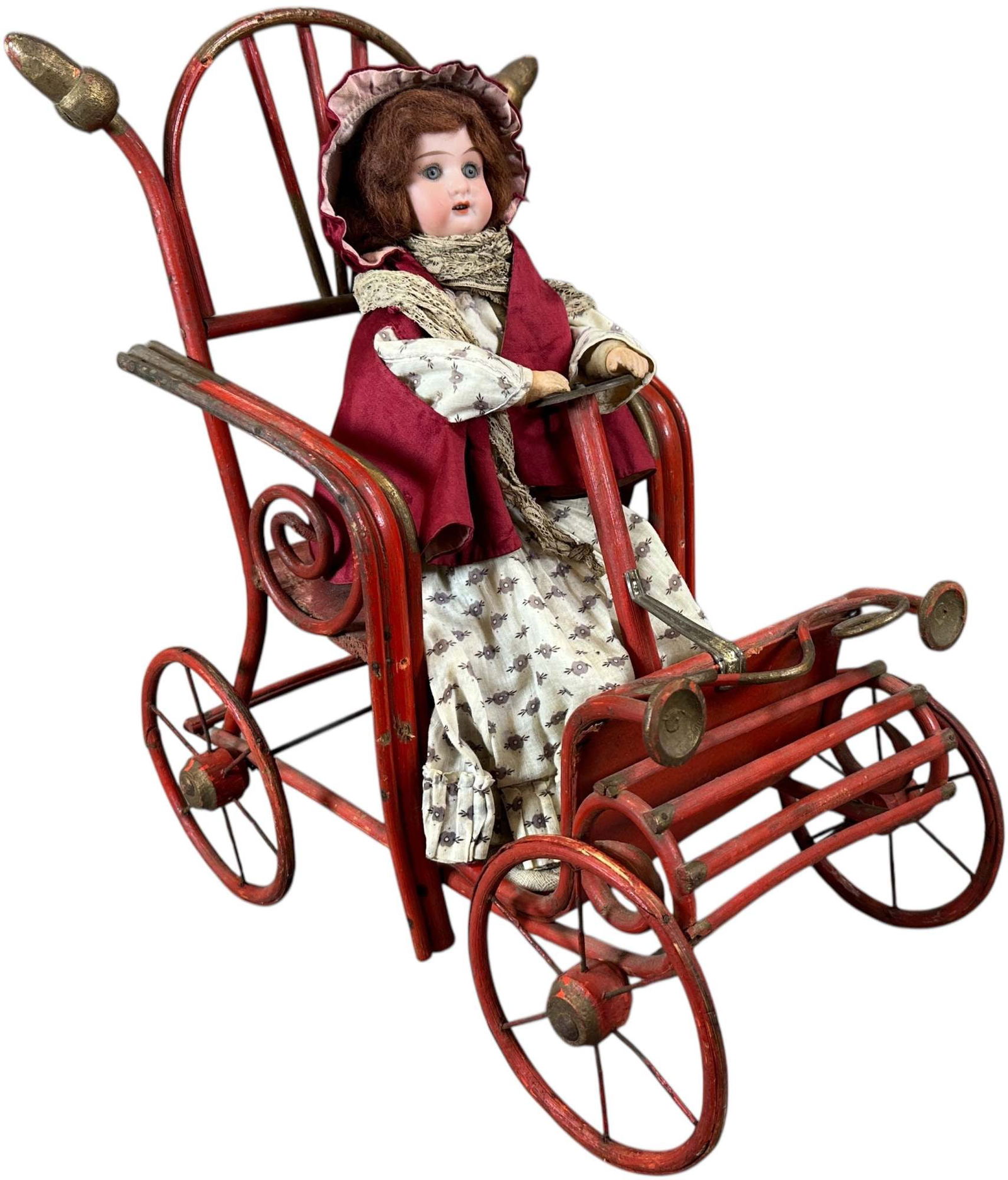 EARLY AUTO PULL TOY W/ BISQUE HEAD DRIVER: 1486. EARLY AUTO PULL TOY W/ BISQUE HEAD DRIVER | 17" h. | (Excellent Condition) | $1,000 - $1,600