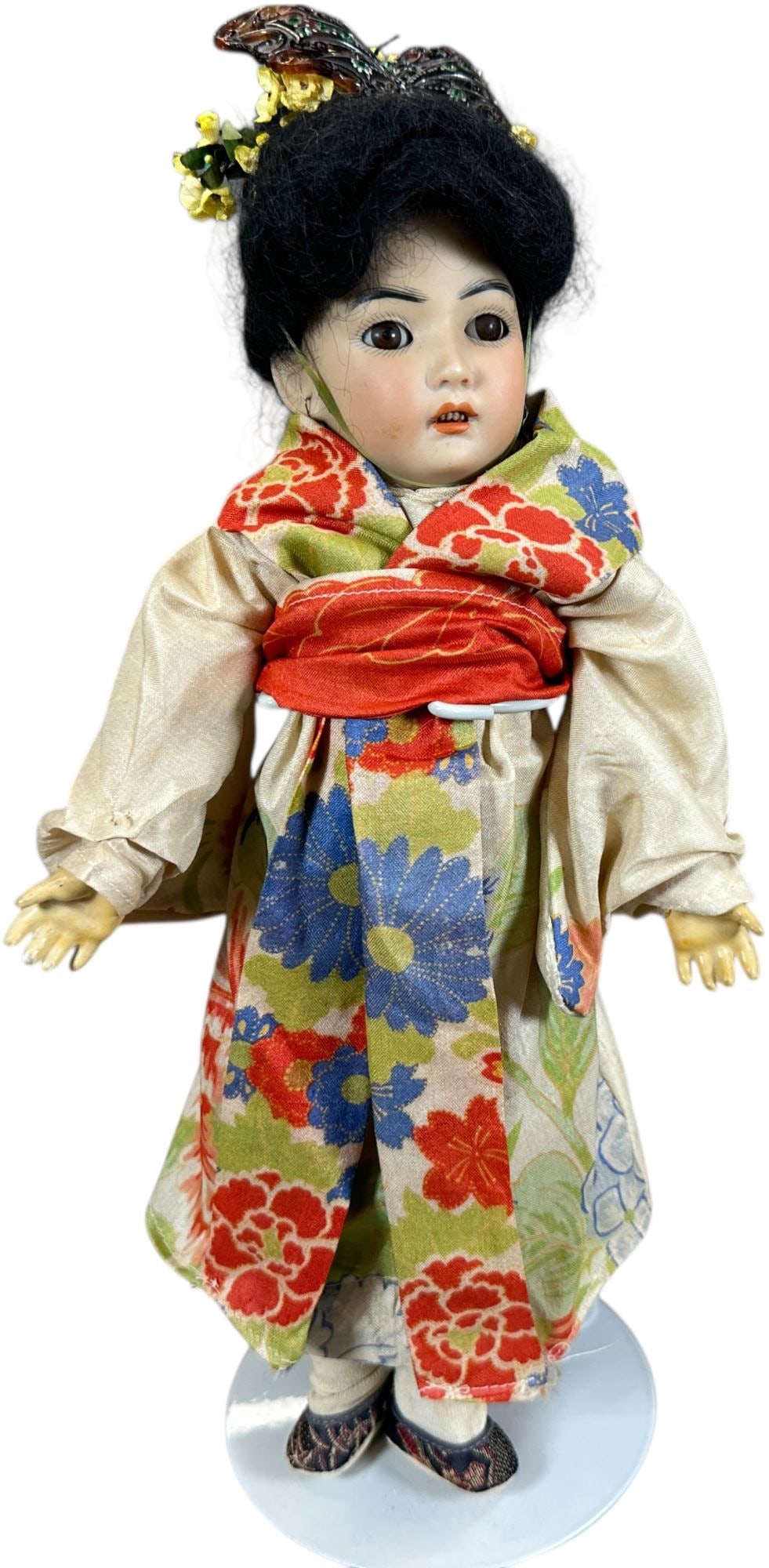 ALL ORIGINAL CABINET SIZE S&H ASIAN DOLL 1329: 1487. ALL ORIGINAL CABINET SIZE S&H ASIAN DOLL 1329 | Completely original and elaborately costumed, in rare small size, original wig with butterfly themed jewelry, brown glass sleep eyes, original bod