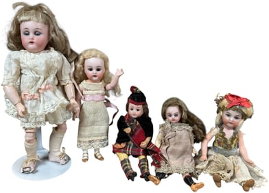FIVE SMALL GERMAN DOLLS ON JUMEAU BODIES