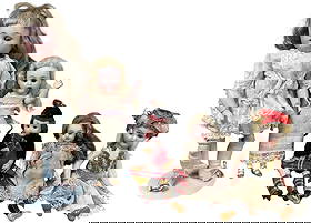 FIVE SMALL GERMAN DOLLS ON JUMEAU BODIES: 1493. FIVE SMALL GERMAN DOLLS ON JUMEAU BODIES | Largest is Kammer & Reinhard, but with fully articulated body, all original, also two 6" K&R dolls, closed mouth Gobel doll in Scots clothing and a tin