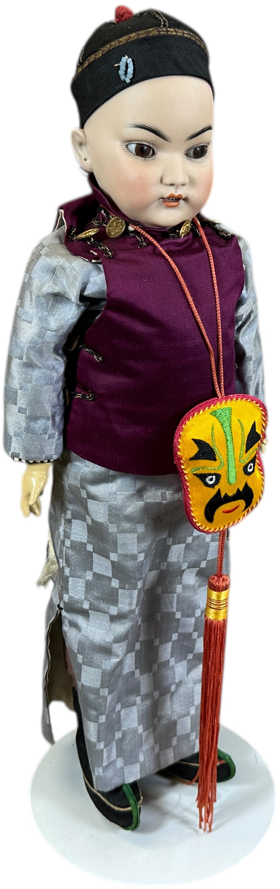 SUPERIOR QUALITY SIMON & HALDIG ASIAN CHILD 1199: 1496. SUPERIOR QUALITY SIMON & HALDIG ASIAN CHILD 1199 | Doll appears to be all original with multi layer sewn on clothing (mostly silks), elaborate black cloth boots, a black wig that consists solely