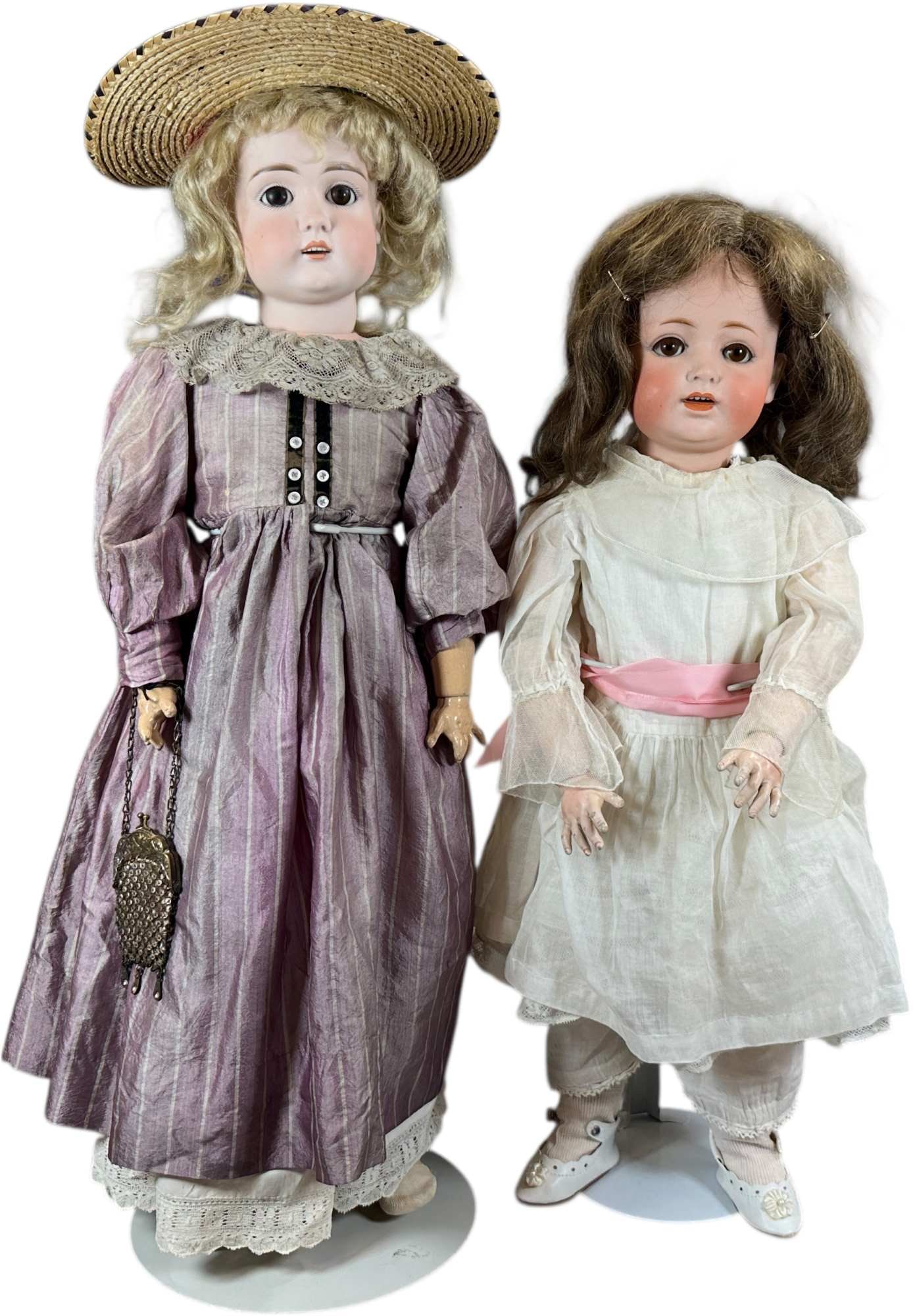 TWO UNUSUAL KESTNER DOLLS: 1509. TWO UNUSUAL KESTNER DOLLS | Slightly taller doll is incised only "13 1/4" on back of head, but is early with a uniquely constructed body, she has brown sleep eyes and an open mouth with six
