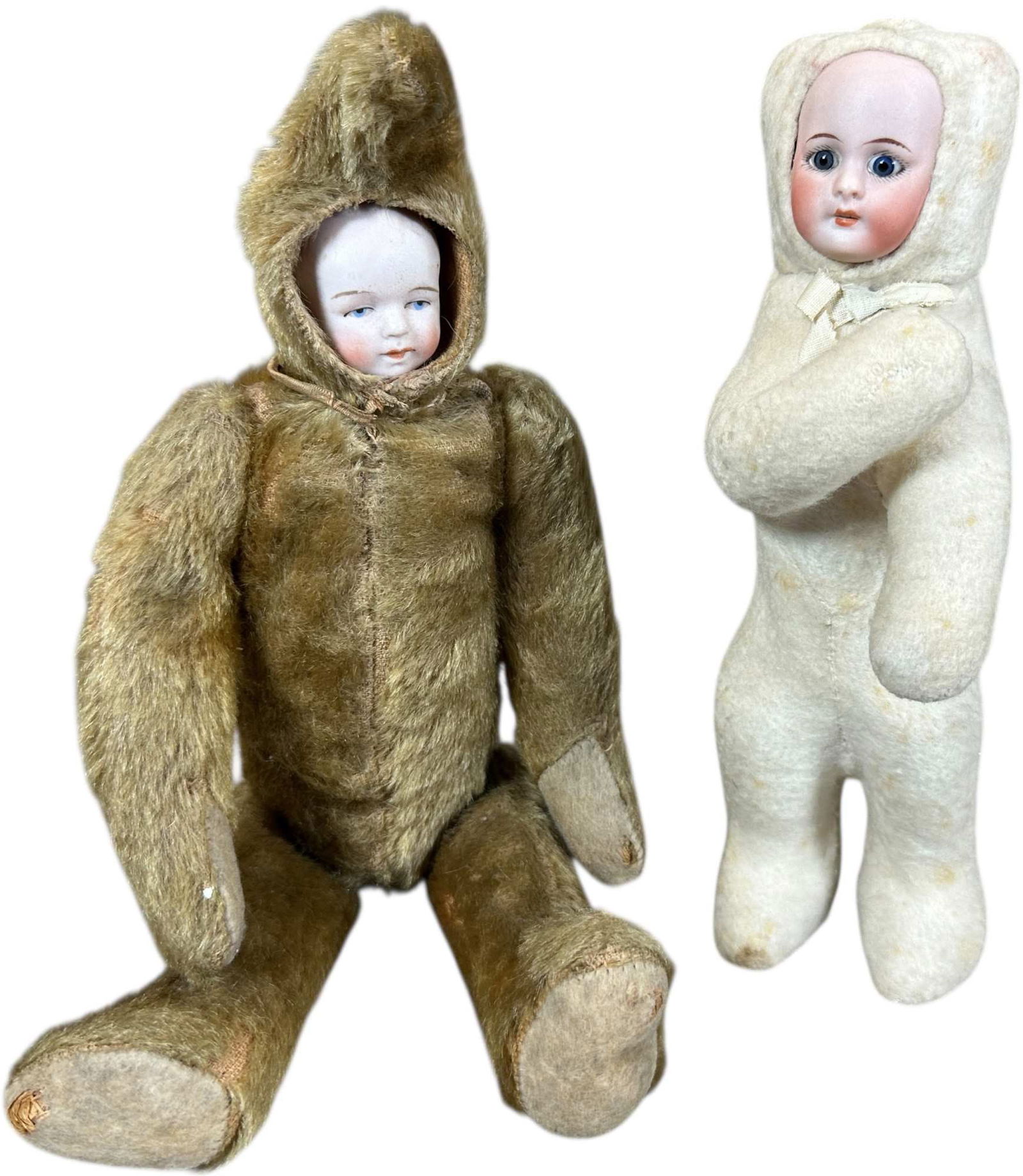TWO BEAR DRESSED DOLL: 1527. TWO BEAR DRESSED DOLL | White bear is candy container. Provenance: Ed & Brenda DeGarbolewski Collection. | 13" h. | Has some age discoloring and container collar is loose, minor pad moth nips an