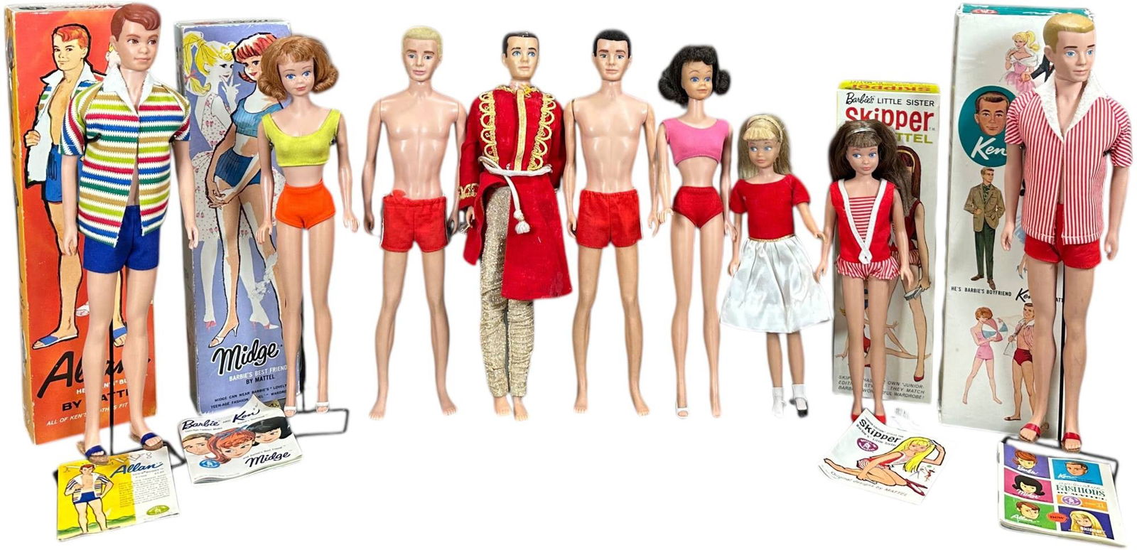 KEN, ALAN, MIDGE & SKIPPER DOLLS W/ BOXES: 1533. KEN, ALAN, MIDGE & SKIPPER DOLLS W/ BOXES | 12" h. | Some dolls missing clothing, overall (Excellent Condition) | $200 - $400